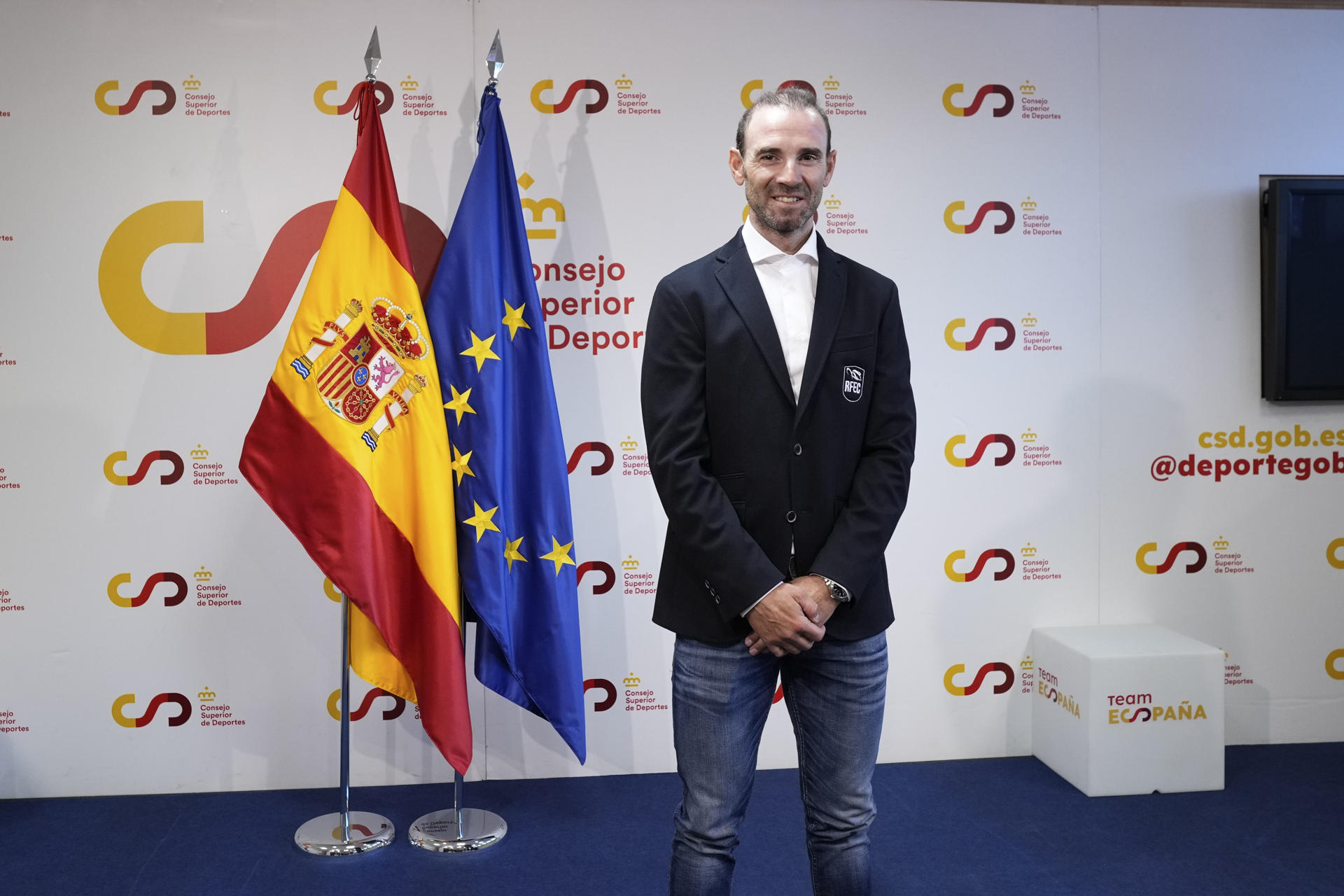 El exciclista Alejandro Valverde es presentado como nuevo seleccionador nacional de ciclismo de carretera élite masculino este miércoles en Madrid. EFE/ Borja Sánchez-Trillo
