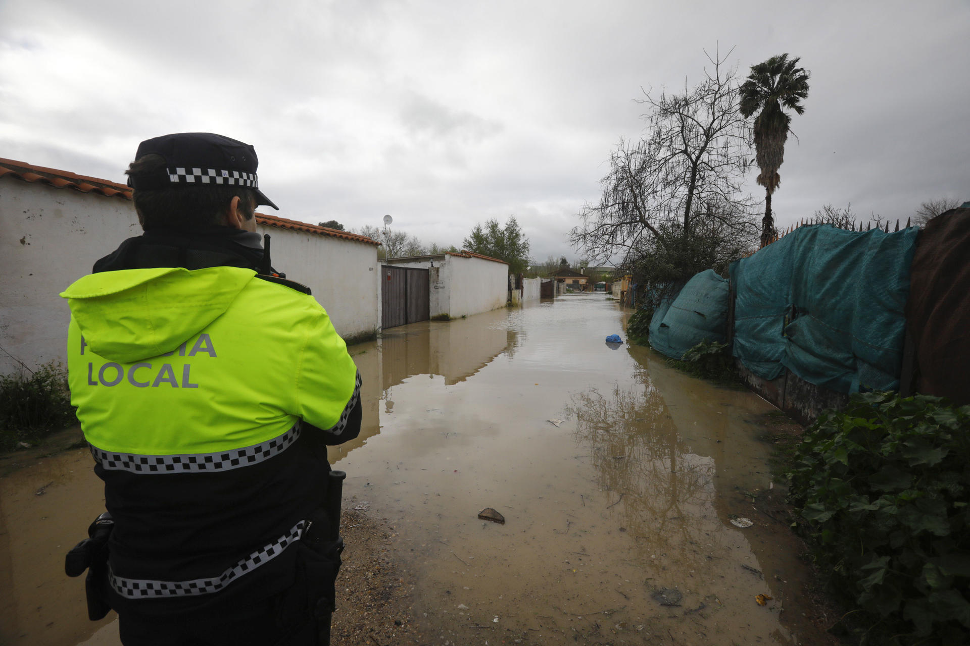 Un miembro de la policía local supervisa el desalojo de viviendas ubicadas en el entorno del aeropuerto de Córdoba en las parcelaciones con riesgo de inundación al subir el nivel de riesgo del río Guadalquivir en Córdoba, este martes. Las abundantes y persistentes lluvias han dejado acumulados de hasta 55 litros en el suroeste de la península esta madrugada. EFE/Salas