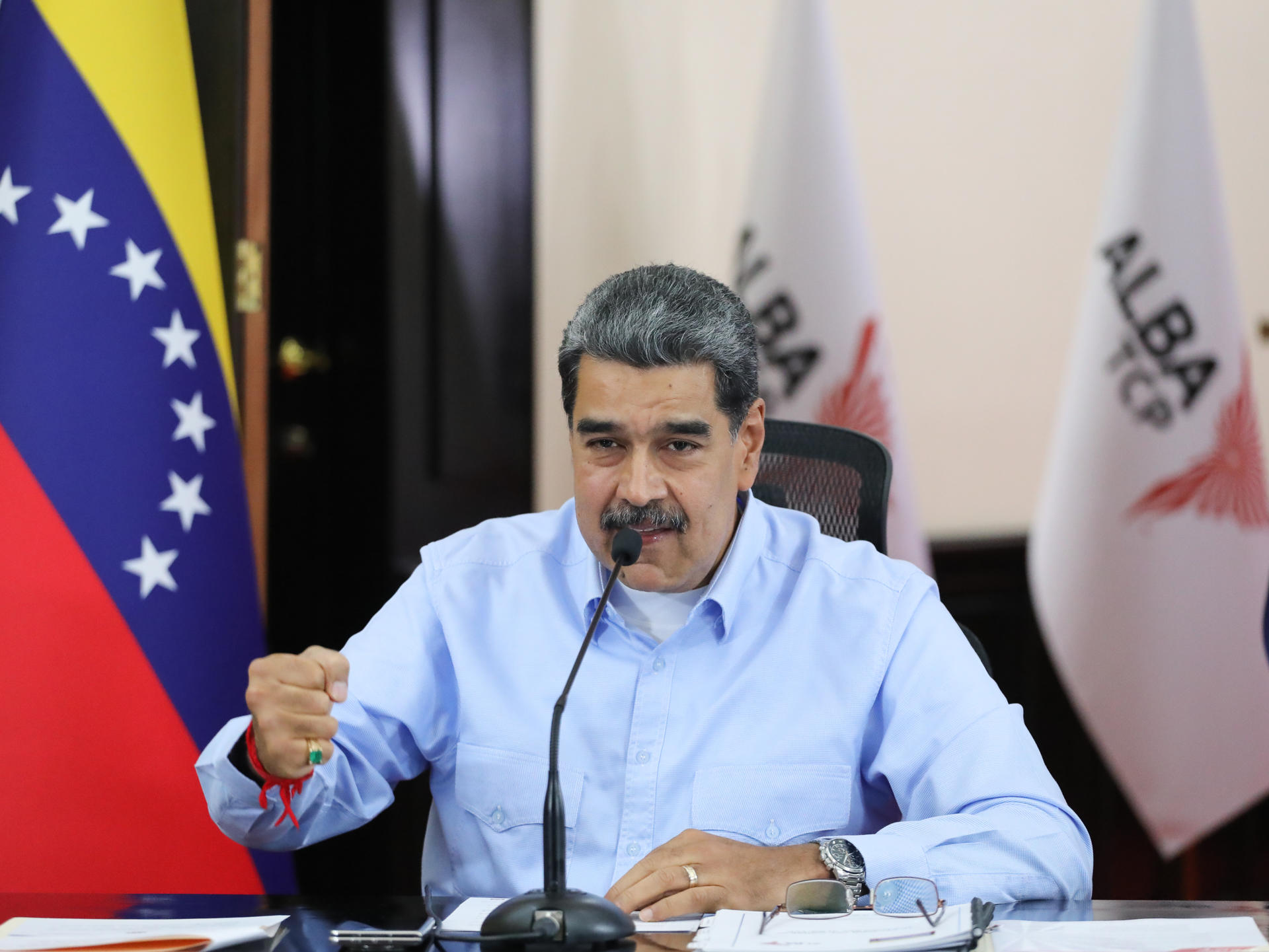 Fotografía cedida por prensa del Palacio de Miraflores de Nicolás Maduro durante el XXV Consejo Político de la Alianza Bolivariana para los Pueblos de Nuestra América-Tratado de Comercio de los Pueblos (ALBA-TCP) este sábado, en Caracas (Venezuela). EFE/ Zurimac Campos / Prensa Palacio de Miraflores