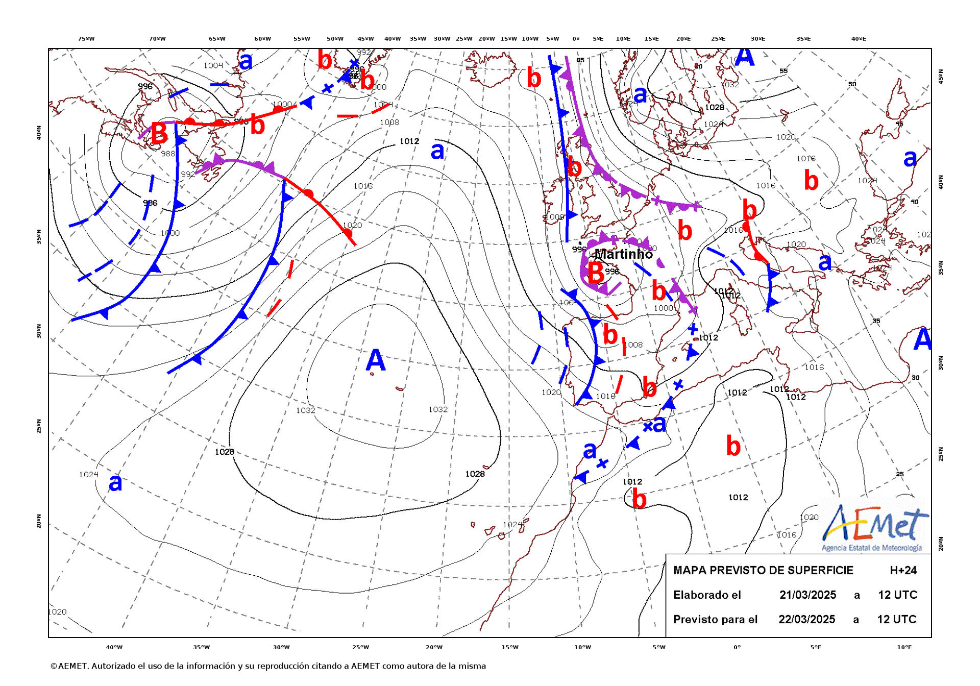 Mapa de isobaras facilitado por la Aemet previsto para el 22/03/2025.- EFE ***SOLO USO EDITORIAL/SOLO DISPONIBLE PARA ILUSTRAR LA NOTICIA QUE ACOMPAÑA (CRÉDITO OBLIGATORIO)***