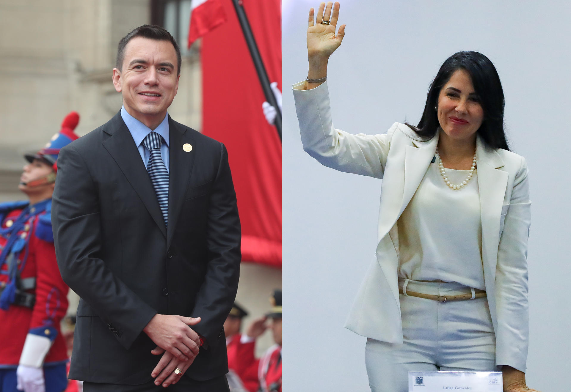 Combo de fotografías de archivo donde aparece el presidente de Ecuador, Daniel Noboa y la candidata presidencial Luisa González. EFE/ José Jácome / Paolo Aguilar