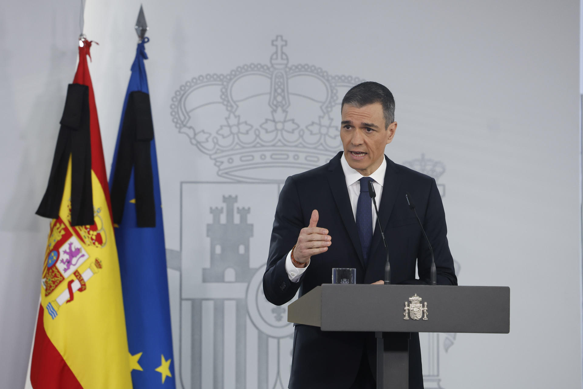 El presidente del Gobierno, Pedro Sánchez, durante su comparecencia tras el Consejo de Ministros de este martes. EFE/Javier Lizón