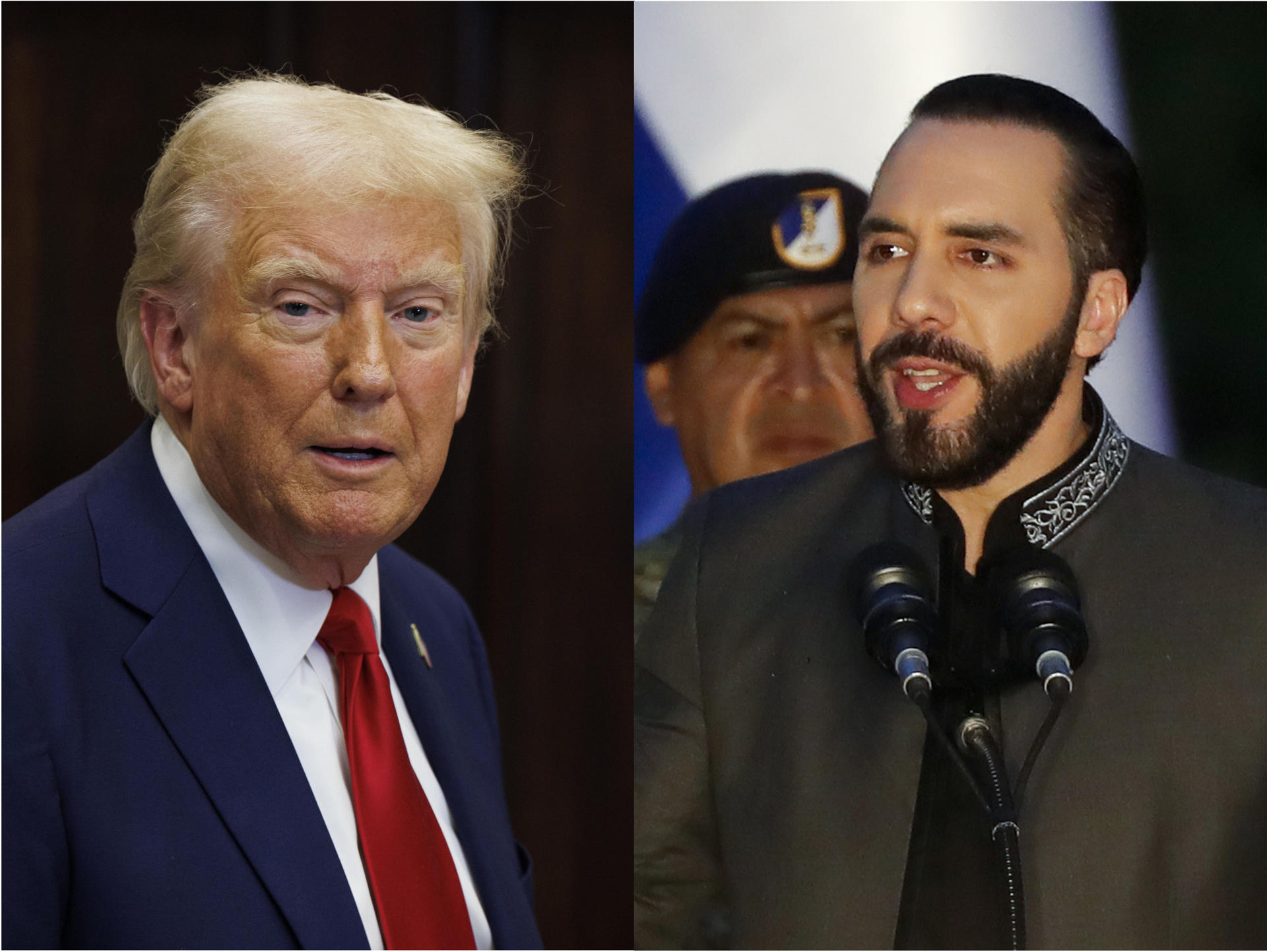 Combo de dos fotografías donde aparecen el presidente de los Estados Unidos, Donald Trump (i), y su homólogo de El Salvador, Nayib Bukele. EFE/ Rodrigo Sura /Aaron Schwartz / POOL ARCHIVO