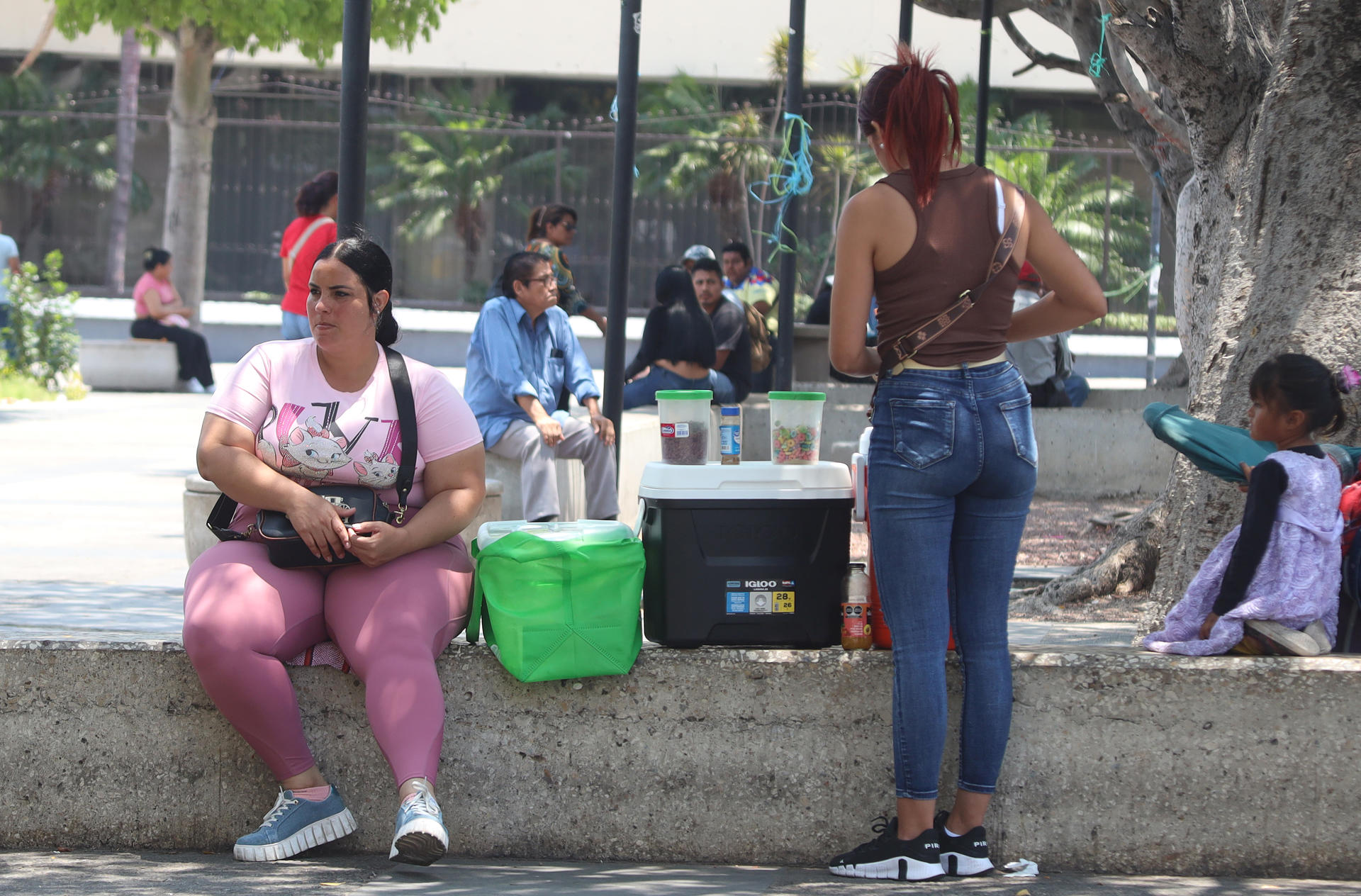 Migrantes ofrecen alimentos y productos a personas este viernes en el municipio de Tuxtla Gutiérrez en el estado de Chiapas (México). EFE/Carlos López
