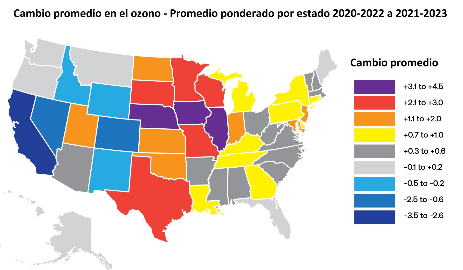 Imagen cedida por la Asociación Americana del Pulmón (ALA) donde se detalla el cambio promedio en el ozono según los estados en Estados Unidos de América. EFE/ALA