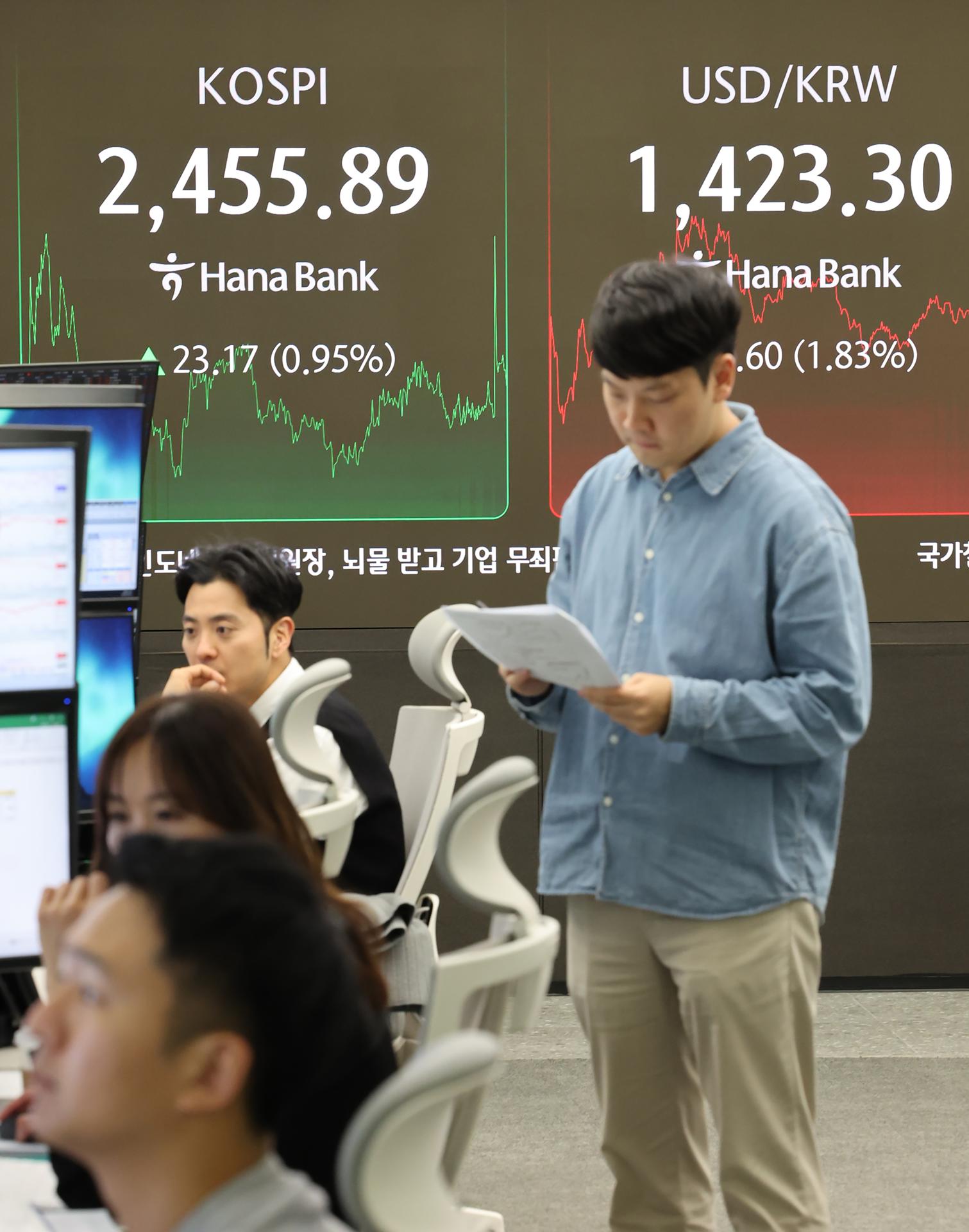 Seúl (Corea del Sur), 14/04/2025.- Una pantalla de datos financieros en la sala de operaciones del Banco Hana en Seúl, Corea del Sur, muestra que el el índice de referencia surcoreano, el Kospi, sube. EFE/EPA/YONHAP SOUTH KOREA OUT