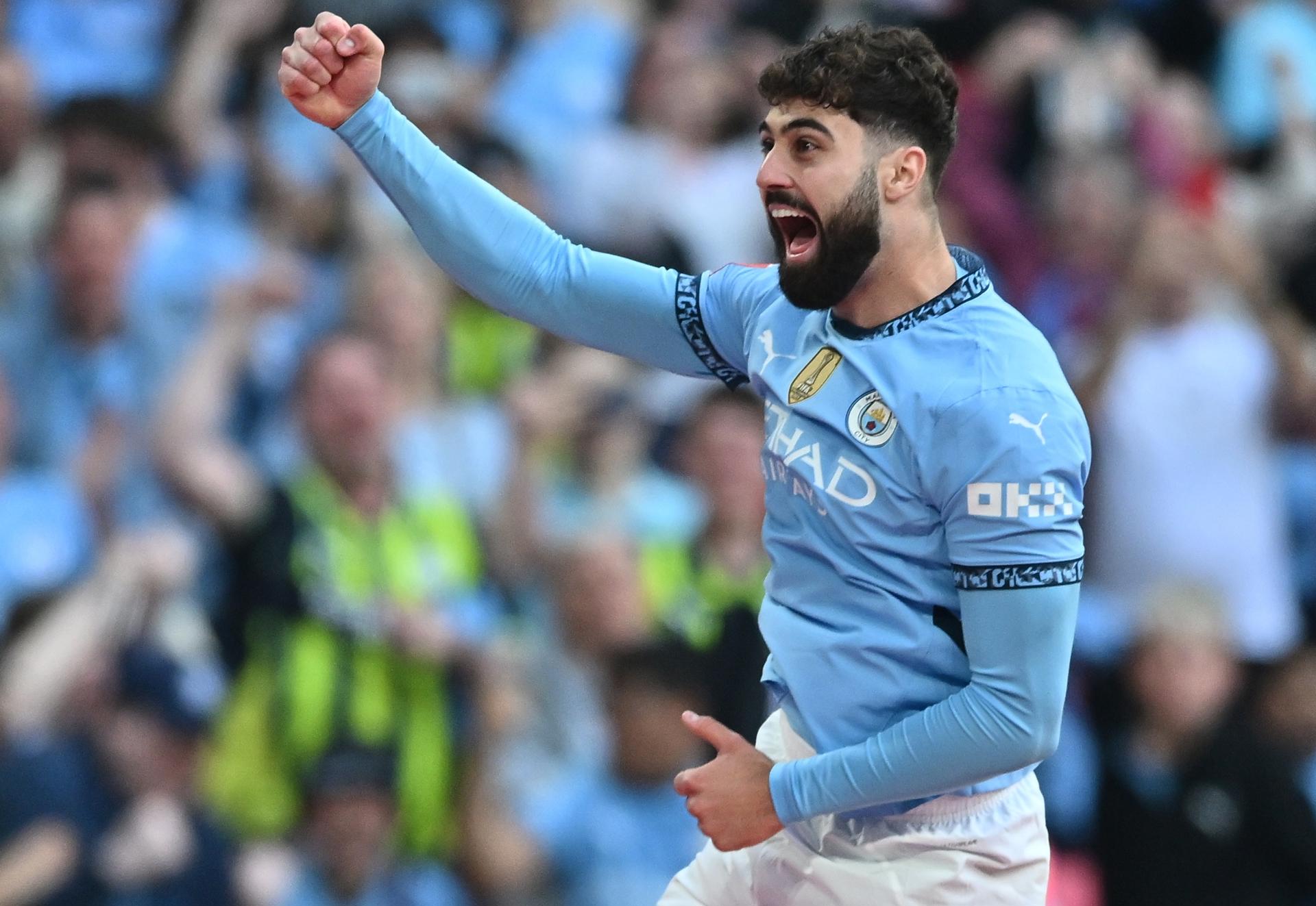 El jugador del Manchester City Josko Gvardiol celebra el 0-2 durante el partido de semifinales de la FA Cup que han jugado Nottingham Forest y Manchester City, en Londres, Reino Unido. EFE/EPA/VINCE MIGNOTT