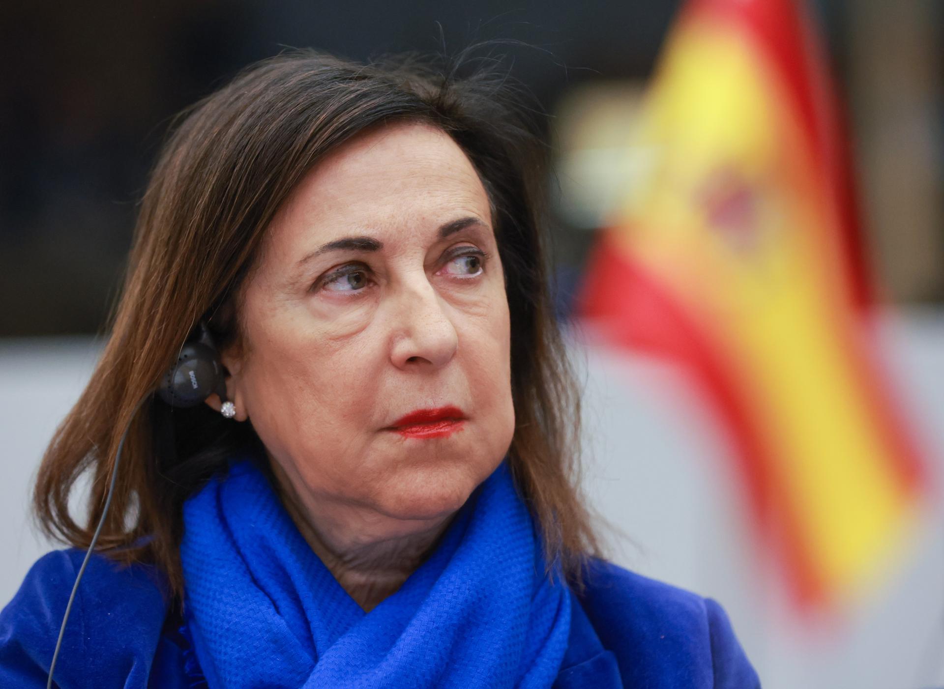 La ministra de Defensa española, Margarita Robles, asiste a una reunión del Grupo de Contacto para la Defensa de Ucrania en la sede de la OTAN en Bruselas, Bélgica, el 11 de abril de 2025. (Bélgica, Ucrania, Bruselas) EFE/EPA/OLIVIER HOSLET