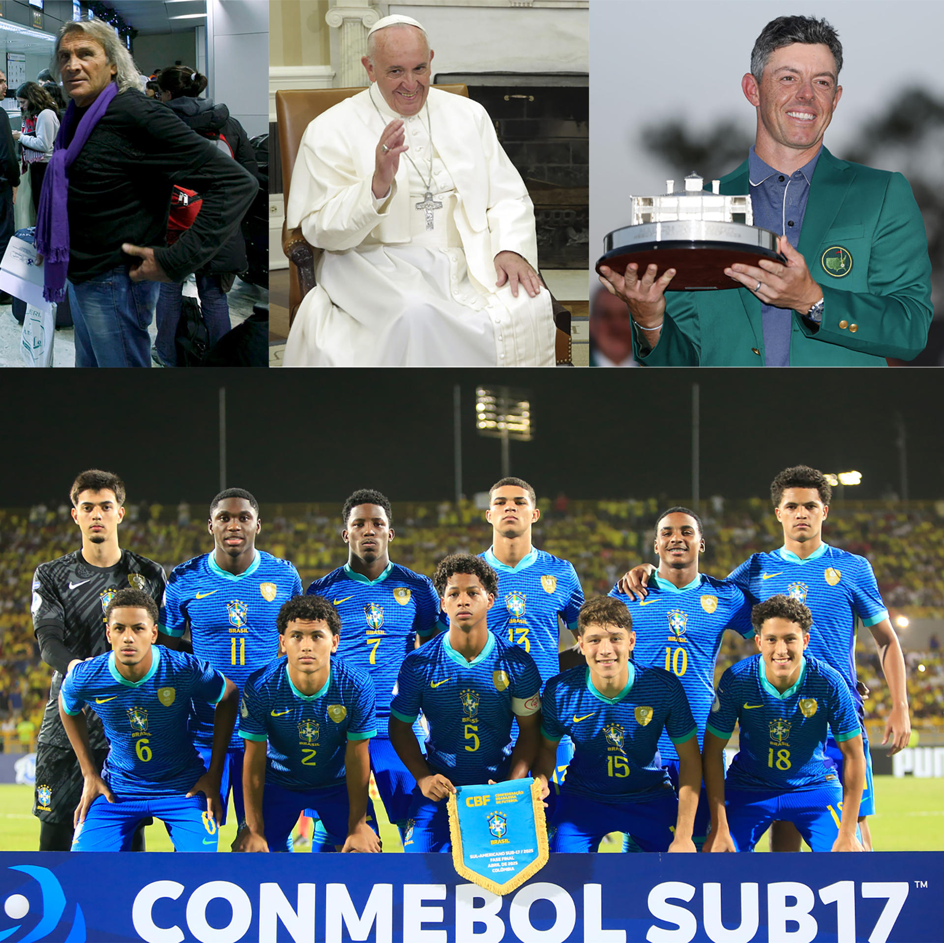 Combo de fotografías de archivo que muestra de izquierda a derecha arriba, al guardameta Hugo Orlando Gatti, el papa Francisco, el golfista norirlandés Rory McIlroy y abajo los jugadores de la selección brasileña de fútbol sub-17. EFE/Archivo