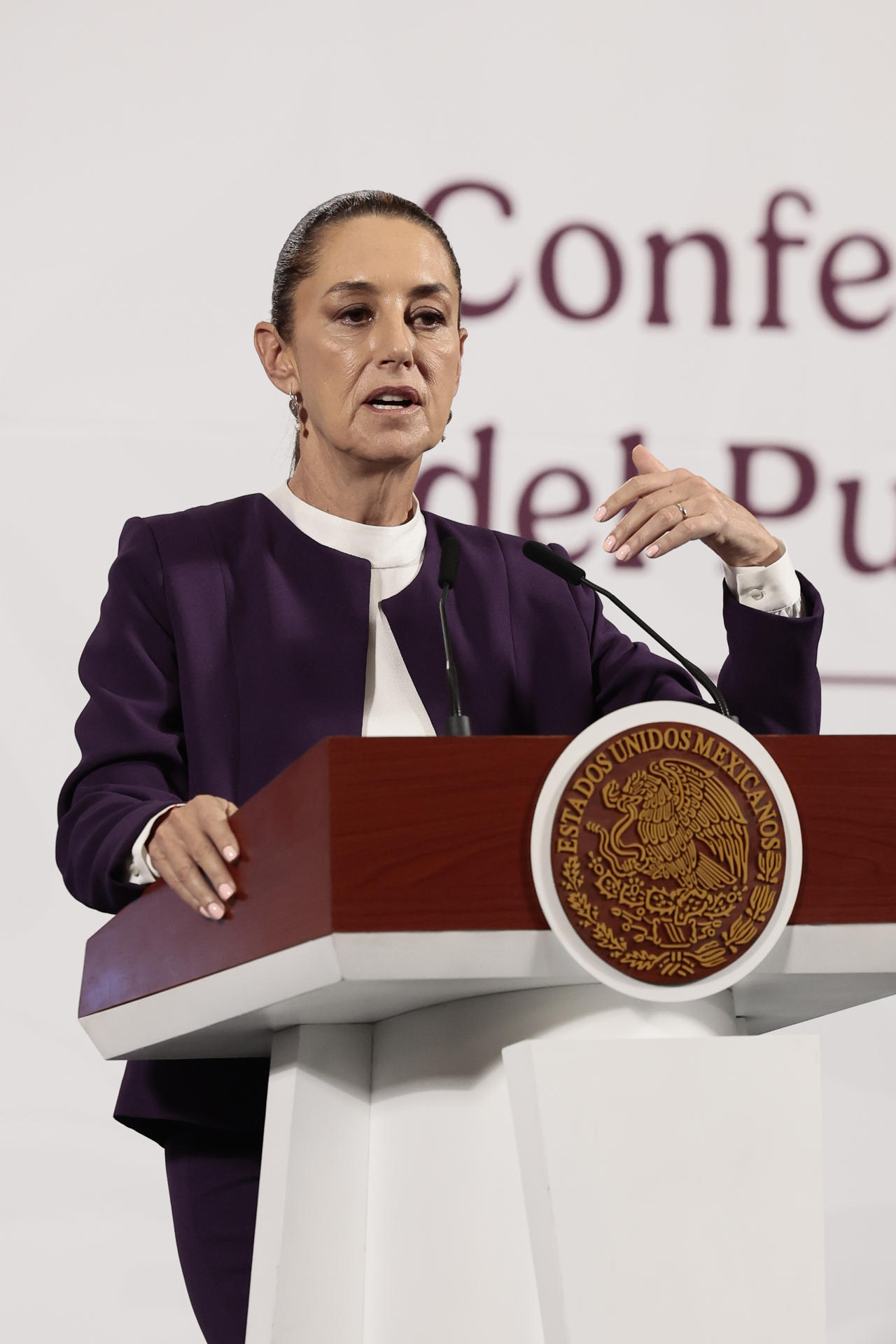 La presidenta de México Claudia Sheibaum, participa este lunes durante una rueda de prensa en Palacio Nacional de la Ciudad de México (México). EFE/José Méndez