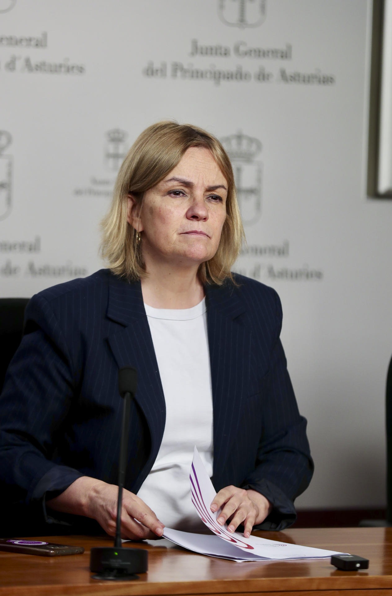 La diputada del Grupo Mixto en la Junta General del Principado, Covadonga Tomé, durante la rueda de prensa que ofreció este lunes. La Junta General del Principado investigará finalmente el accidente que el pasado 31 de marzo costó la vida a cinco trabajadores en la mina de Cerredo ya que las bases de Somos Asturies han acordado de forma unánime apoyar la constitución de una comisión especial de investigación. EFE/ J.L.Cereijido