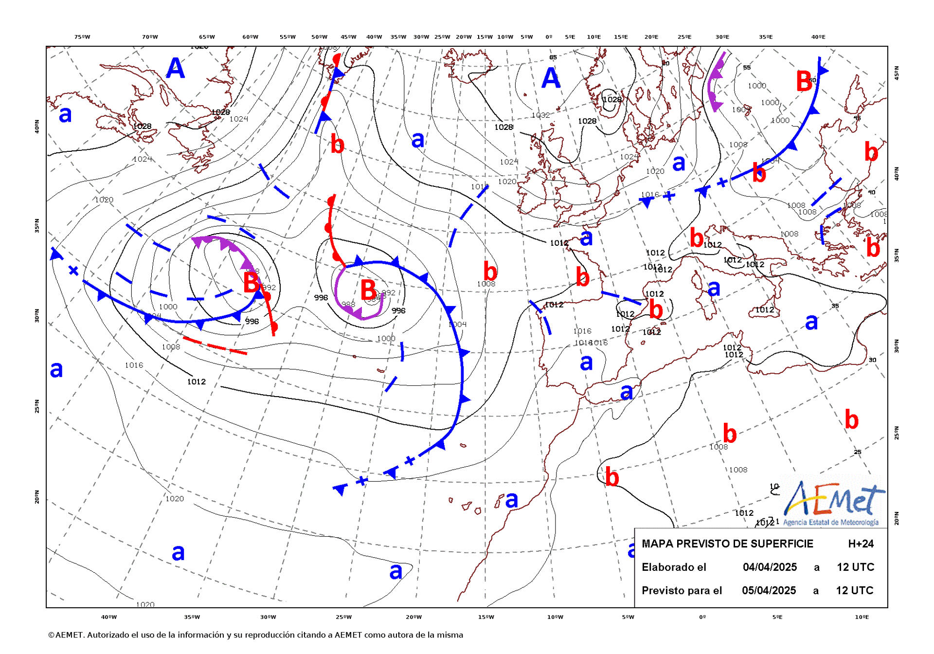 Mapa de isobaras facilitado por la Aemet elaborado el 04/04/2025 previsto para el 05/04/2025. EFE/ AEMET ***SOLO USO EDITORIAL/SOLO DISPONIBLE PARA ILUSTRAR LA NOTICIA QUE ACOMPAÑA (CRÉDITO OBLIGATORIO)***