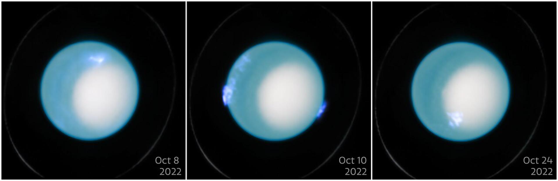 Tres imágenes del telescopio espacial Hubble de la NASA/ESA de la aurora dinámica en Urano en octubre de 2022. Fotografía facilitada por ESA/Hubble, NASA, L. Lamy, L. Sr. EFE