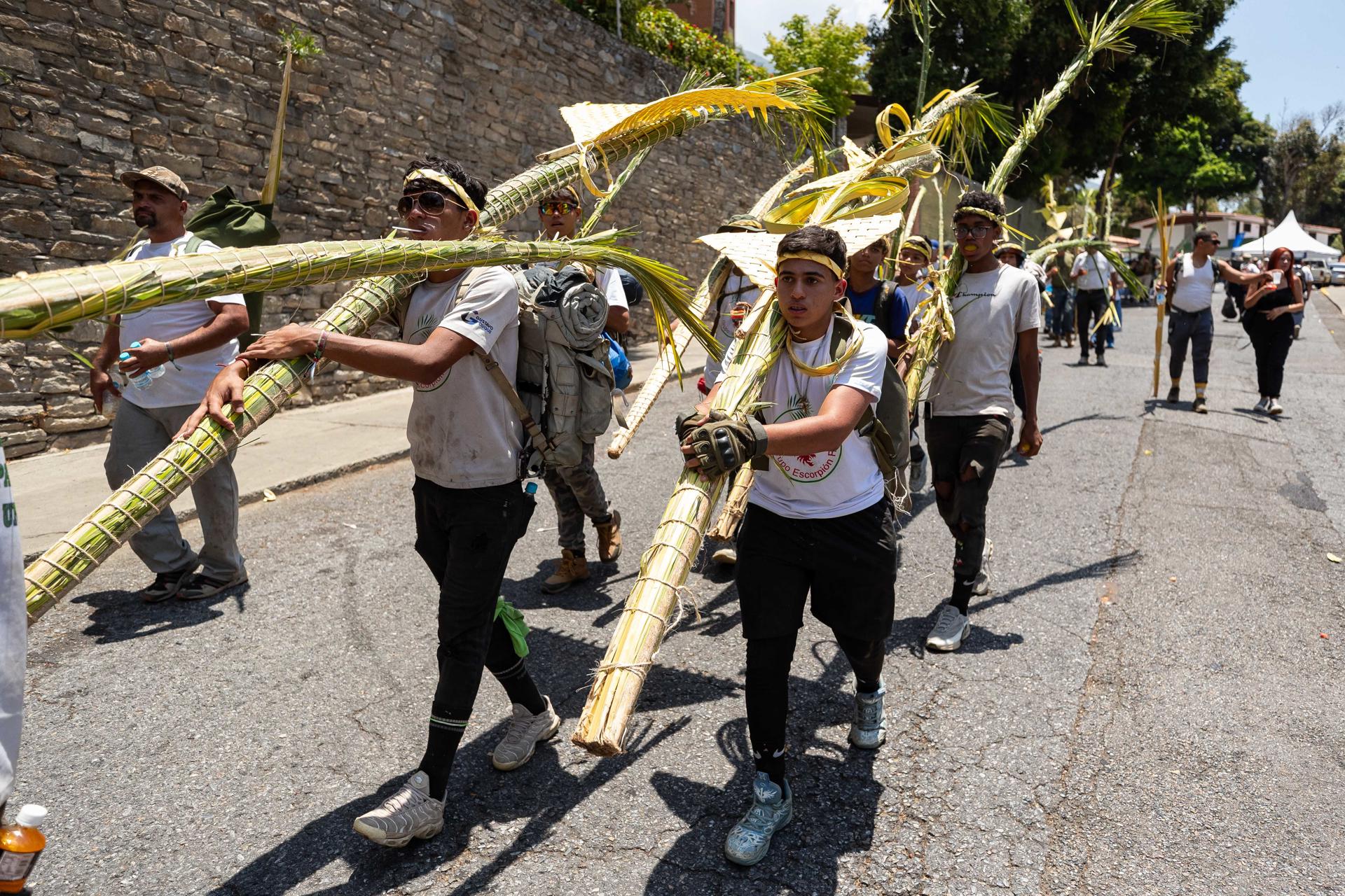 Un grupo de hombres cargan sus hojas de palma durante la bajada de los Palmeros de Chacao este sábado, en Caracas (Venezuela). EFE/ Ronald Peña