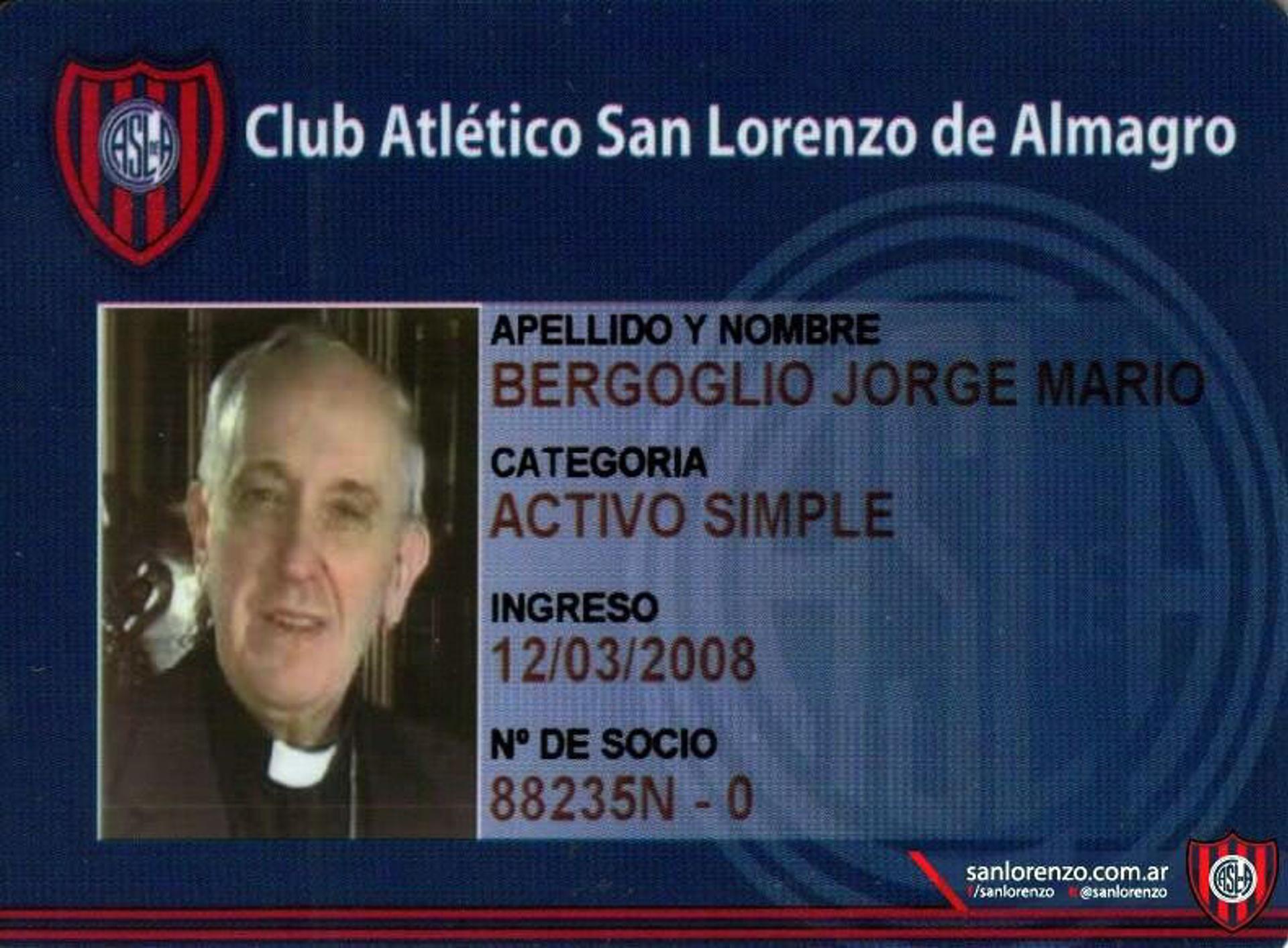 El carné de socio del San Lorenzo de Jorge Mario Bergoglio con el número 88235-N. EFE/* *SOLO USO EDITORIAL*