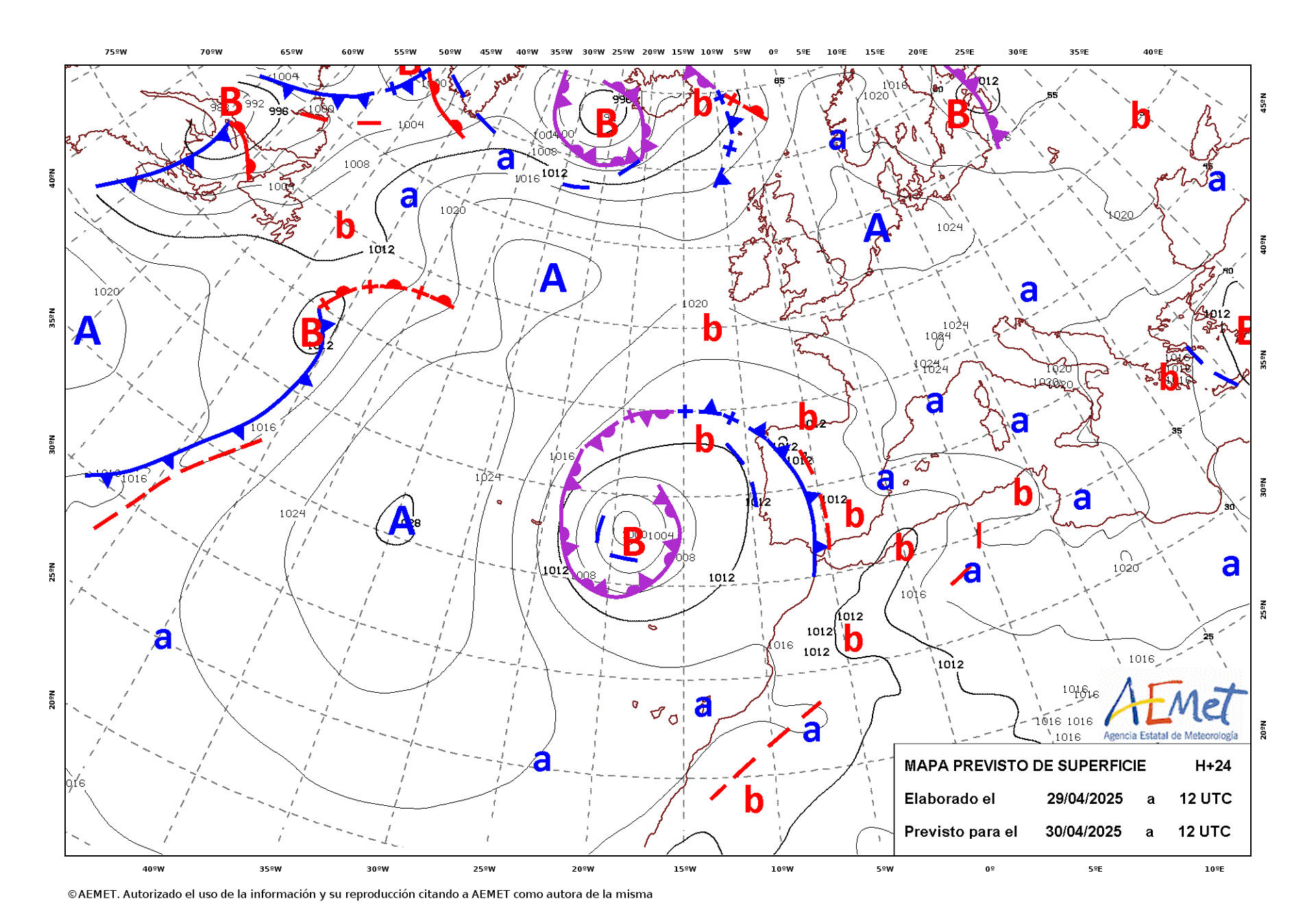 Mapa de isobaras facilitado por la Aemet previsto para el 30/04/2025. EFE/Aemet - ***SOLO USO EDITORIAL/SOLO DISPONIBLE PARA ILUSTRAR LA NOTICIA QUE ACOMPAÑA (CRÉDITO OBLIGATORIO)***