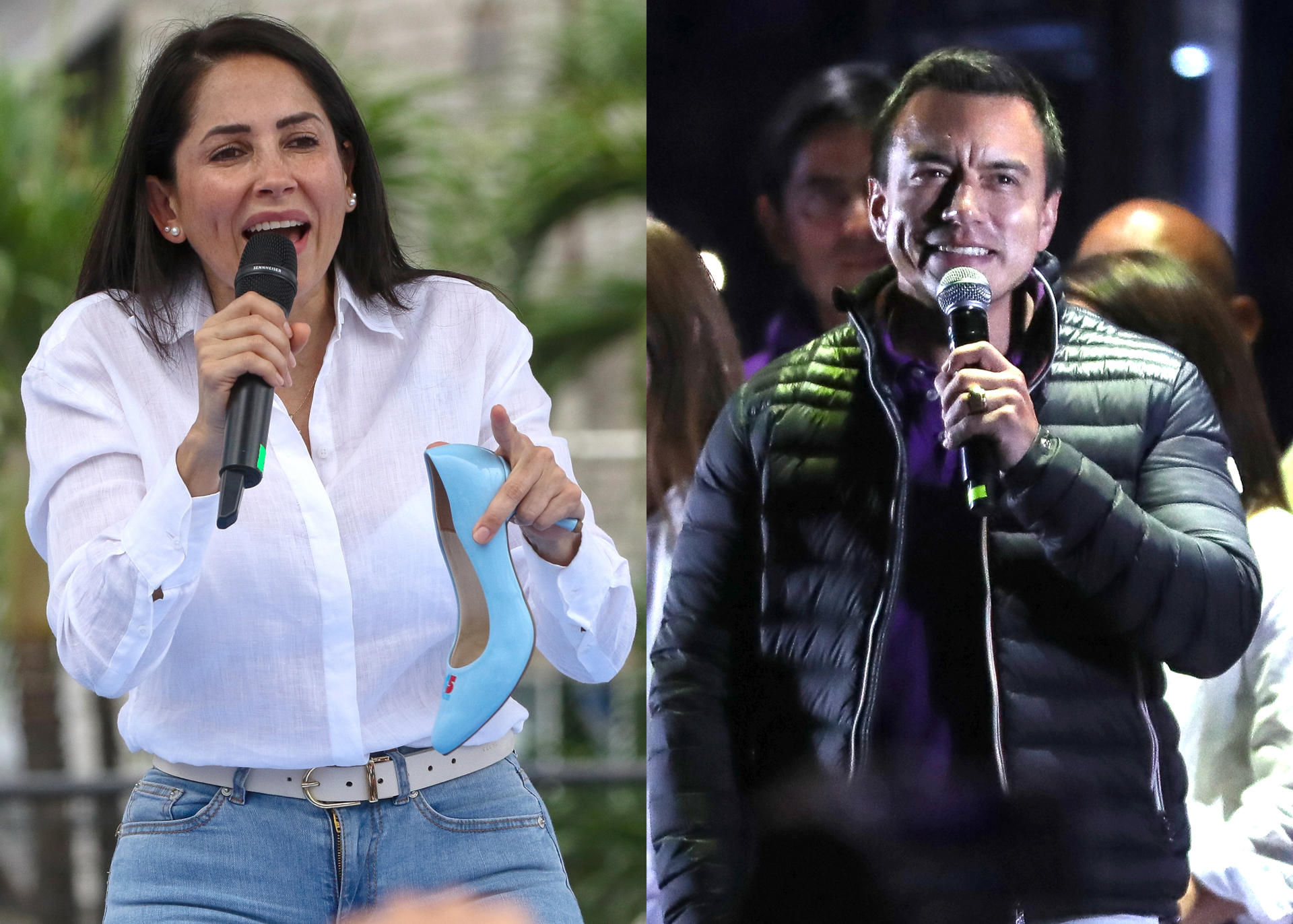 Combo de fotografías de archivo donde se observa a la candidata a la presidencia de Ecuador por el correismo, Luisa González, y al presidente ecuatoriano y candidato a la reelección, Daniel Noboa. EFE/ Jonathan Miranda / José Jácome