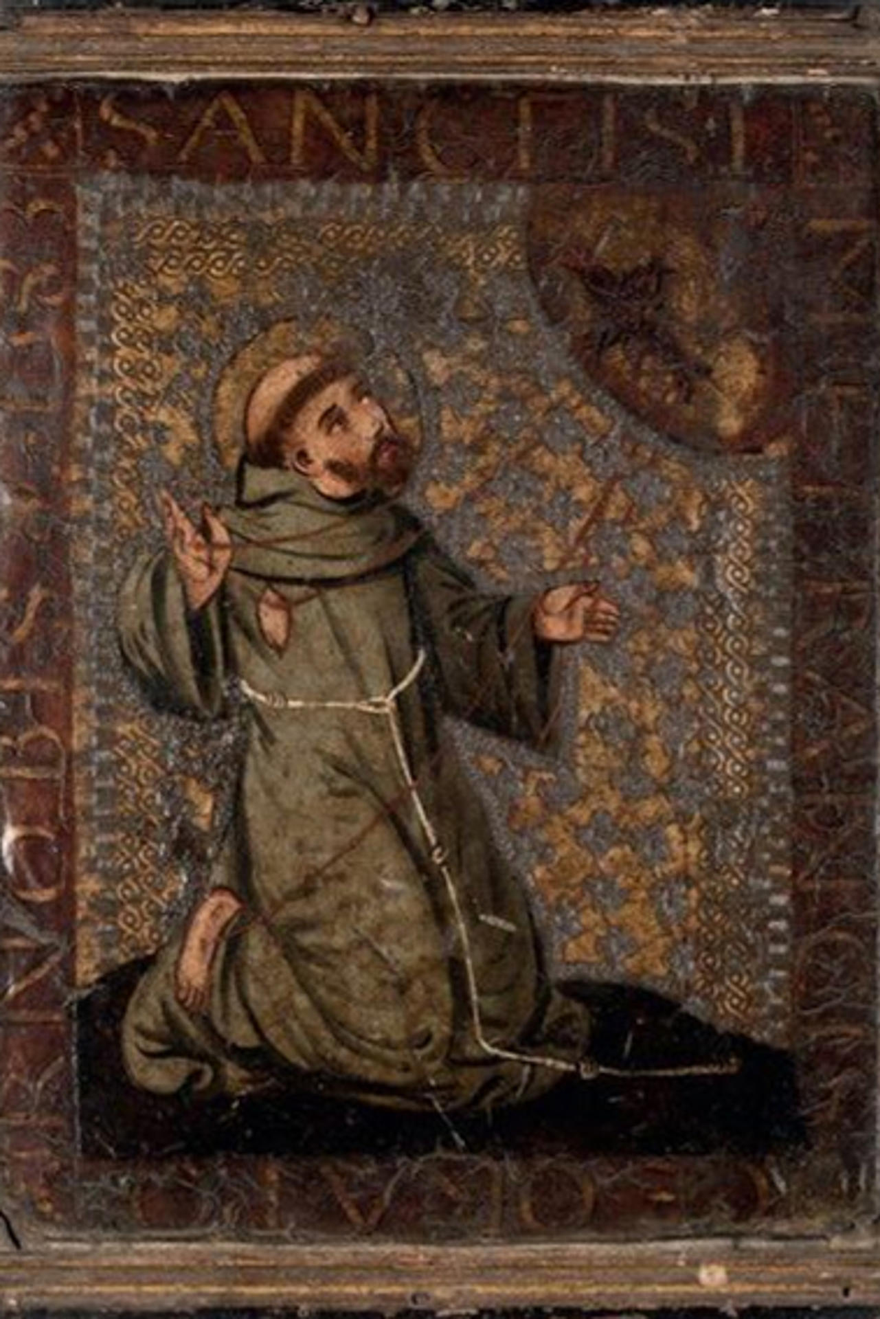 El Ministerio de Cultura ha adquirido un guadamecí para su depósito en el Museo Nacional de Artes Decorativas, entre otras razones, porque tiene la fecha de su fabricación, 1583, un dato que es "excepcional" en este tipo de obras, que se utilizaban como "estampitas" religiosas para vender, ya que se trata de "imágenes de devoción". EFE/ Ansorena Subastas // SOLO USO EDITORIAL/SOLO DISPONIBLE PARA ILUSTRAR LA NOTICIA QUE ACOMPAÑA (CRÉDITO OBLIGATORIO)