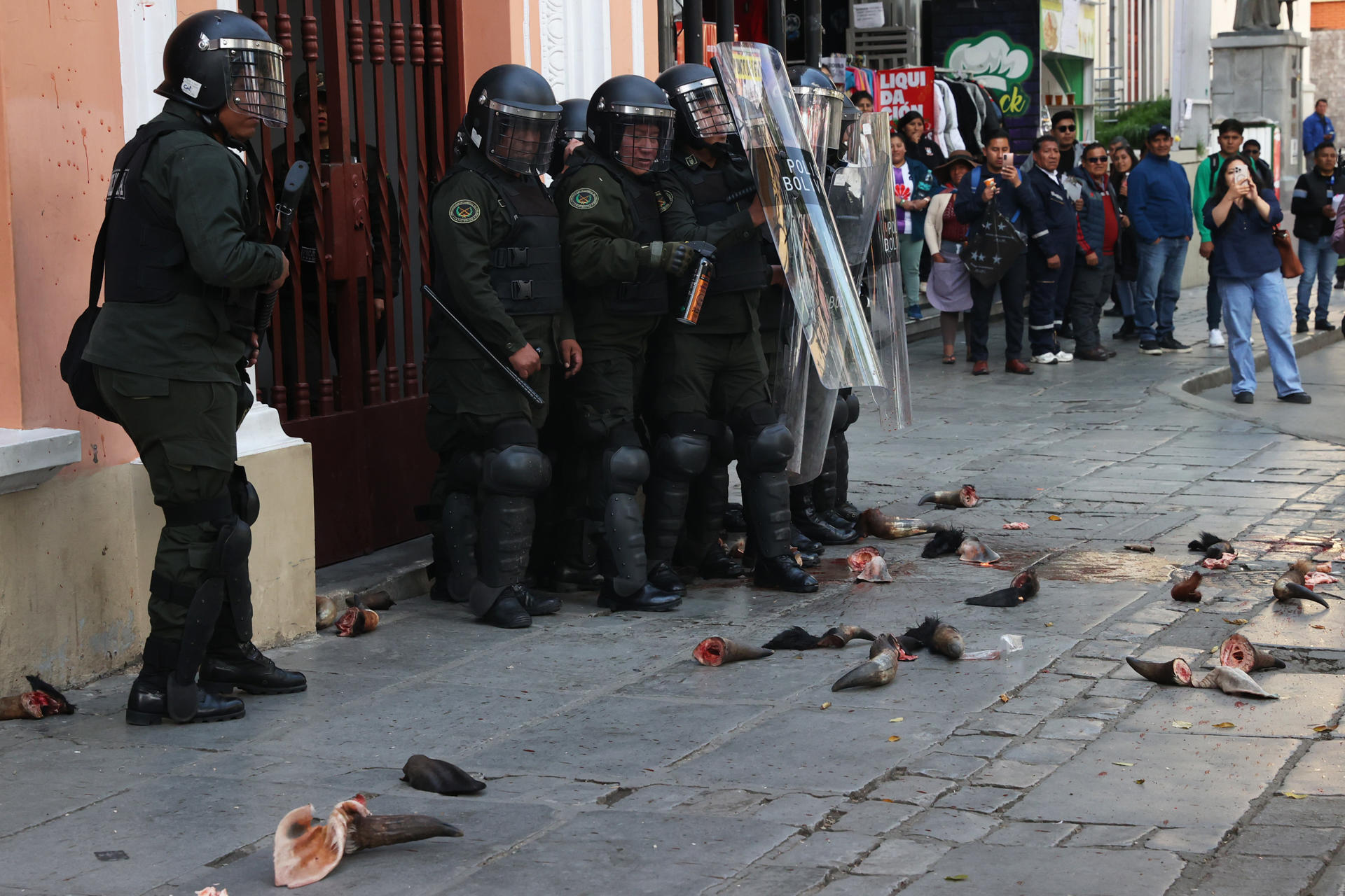 Manifestantes arrojan restos de res a policías anti disturbios durante una protesta este jueves, en La Paz (Bolivia). EFE/ Luis Gandarillas