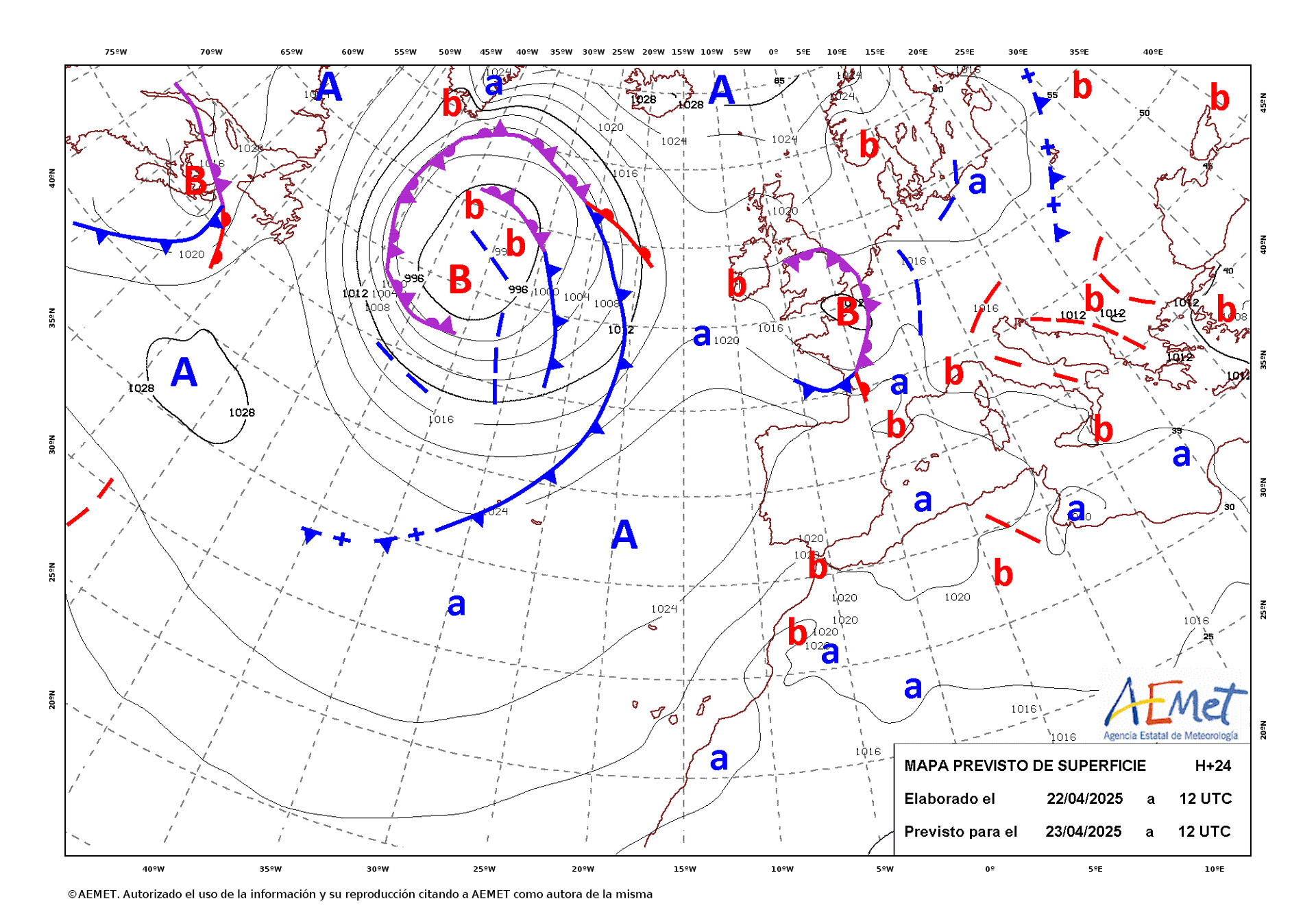 Mapa de isobaras facilitado por la Aemet previsto para el 23/04/2025. EFE/Aemet - ***SOLO USO EDITORIAL/SOLO DISPONIBLE PARA ILUSTRAR LA NOTICIA QUE ACOMPAÑA (CRÉDITO OBLIGATORIO)***