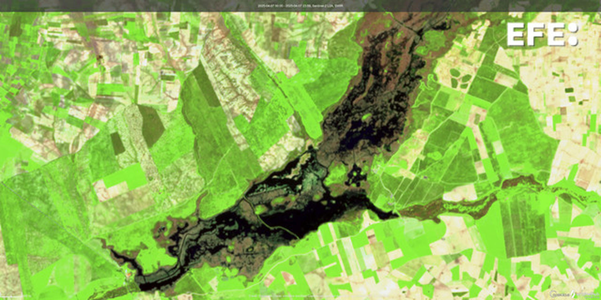 Las imágenes tomadas por el satélite Sentinel 2, del proyecto europeo Copernicus, muestran que el Parque Nacional de Las Tablas de Daimiel ha alcanzado las 1.000 hectáreas inundadas de las 1.734 que tiene de superficie máxima encharcable. EFE/ Satélite Senitel SÓLO USO EDITORIAL / SÓLO DISPONIBLE PARA ILUSTRAR LA NOTICIA QUE ACOMPAÑA (CRÉDITO OBLIGATORIO)