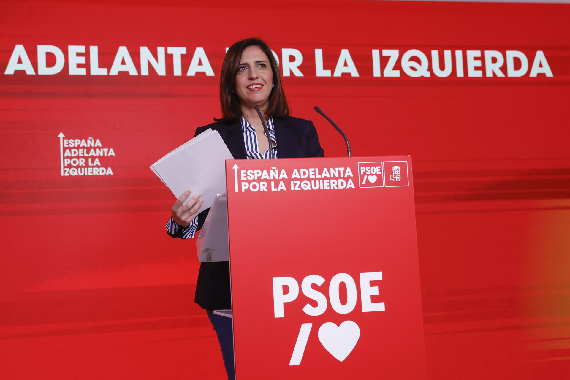 Imagen de archivo (10/03/2025) de la portavoz de la Comisión Ejecutiva Federal del PSOE, Esther Peña, en una rueda de prensa.
 EFE/ Juan Carlos Hidalgo