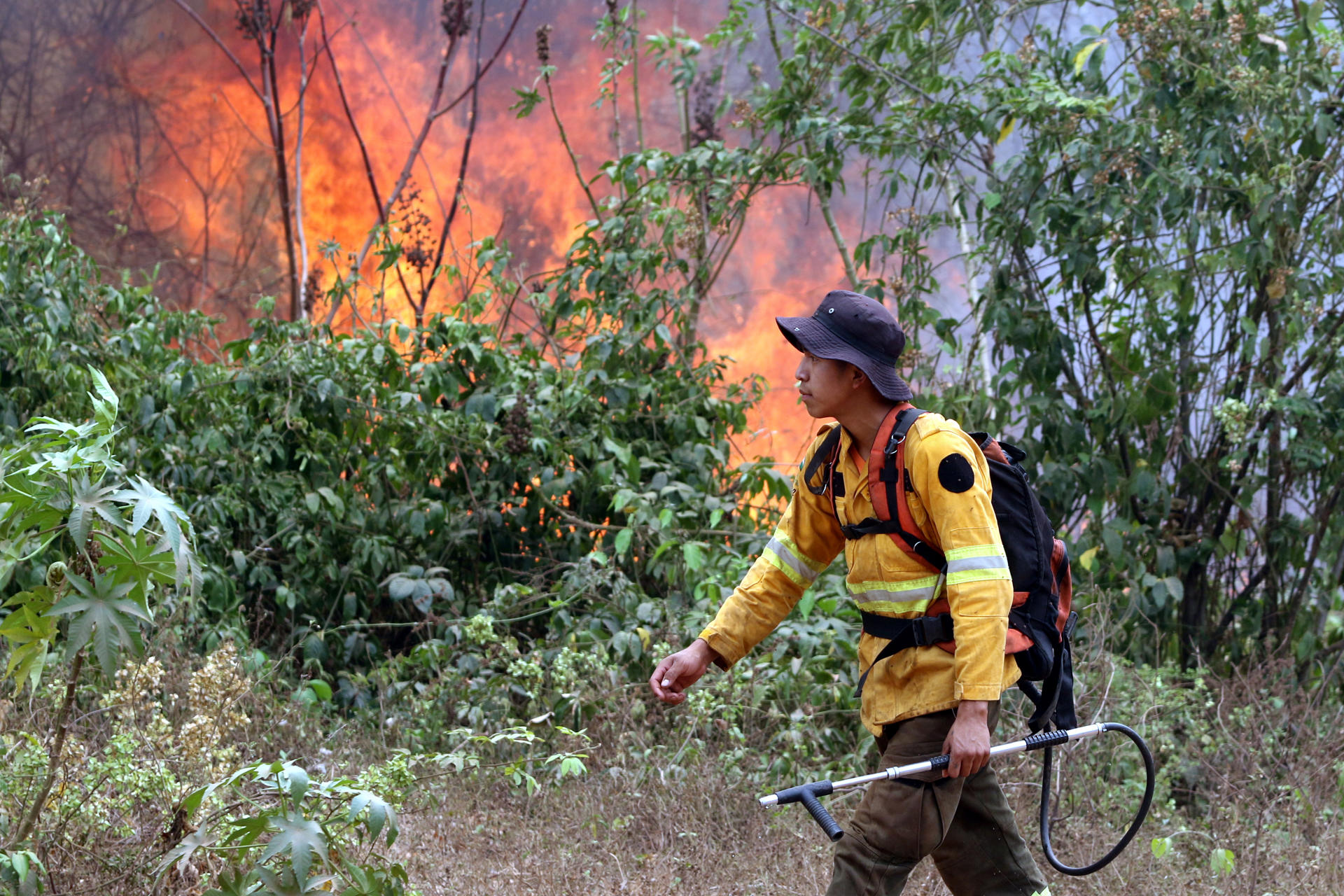 Fotografía de archivo de un bombero que trabaja apagando un incendio en la comunidad de Palestina (Bolivia). EFE/ Juan Carlos Torrejón