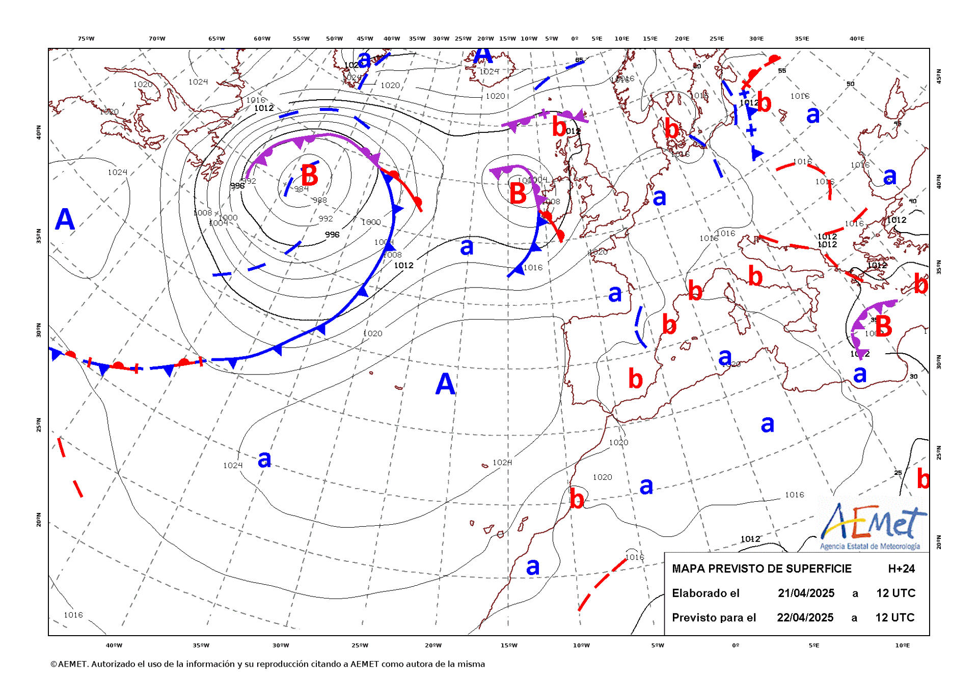 Mapa de isobaras facilitado por la Aemet previsto para el 22/04/2025. EFE/Aemet - SOLO USO EDITORIAL/SOLO DISPONIBLE PARA ILUSTRAR LA NOTICIA QUE ACOMPAÑA (CRÉDITO OBLIGATORIO) *****