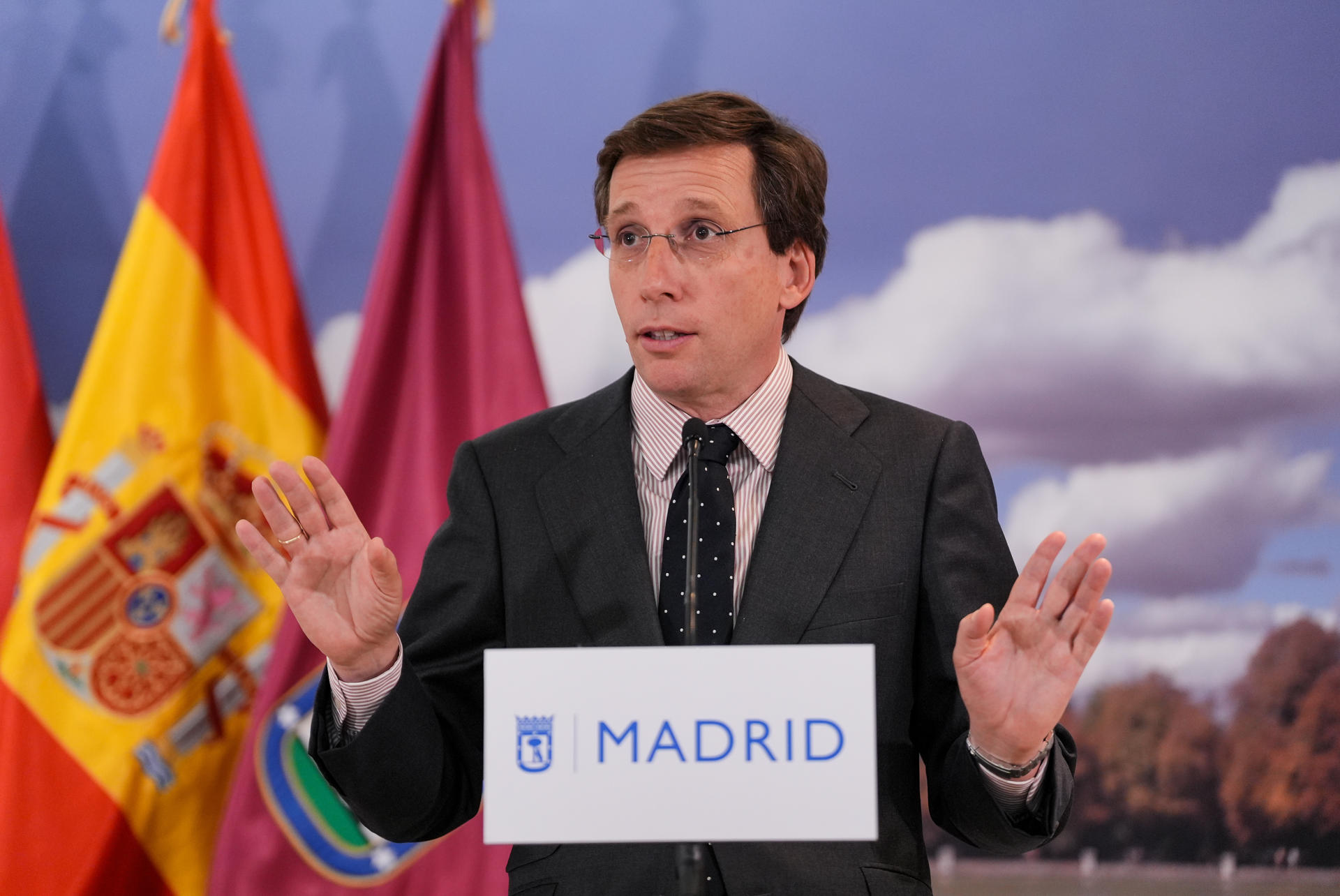El alcalde de Madrid, José Luis Martínez Almeida, durante la rueda de prensa ofrecida este miércoles en Madrid. EFE/Ayuntamiento Madrid
/SOLO USO EDITORIAL/SOLO DISPONIBLE PARA ILUSTRAR LA NOTICIA QUE ACOMPAÑA (CRÉDITO OBLIGATORIO)