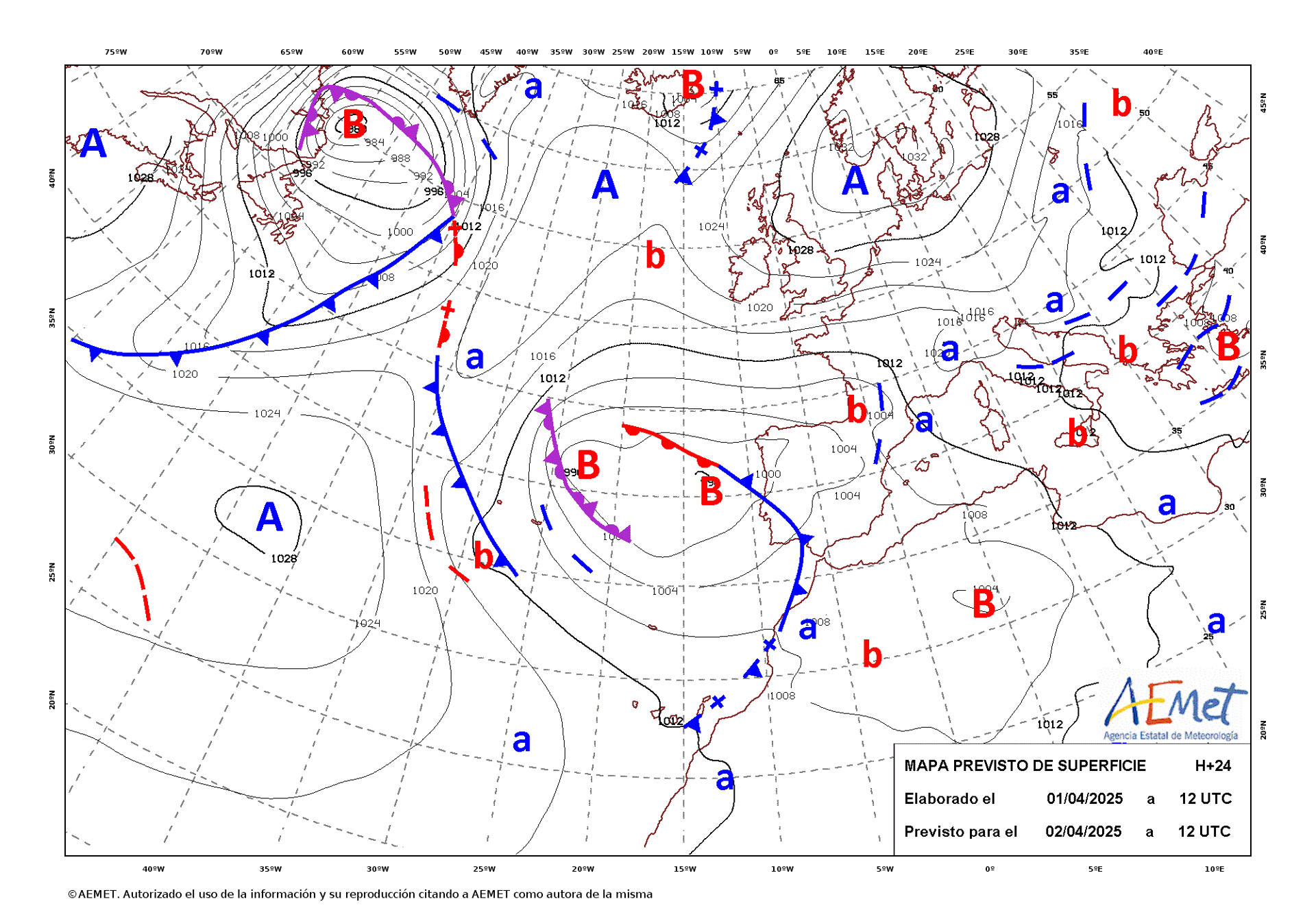 Mapa de isobaras facilitado por la Aemet previsto para el 02/04/2025.- EFE ***SOLO USO EDITORIAL/SOLO DISPONIBLE PARA ILUSTRAR LA NOTICIA QUE ACOMPAÑA (CRÉDITO OBLIGATORIO)***