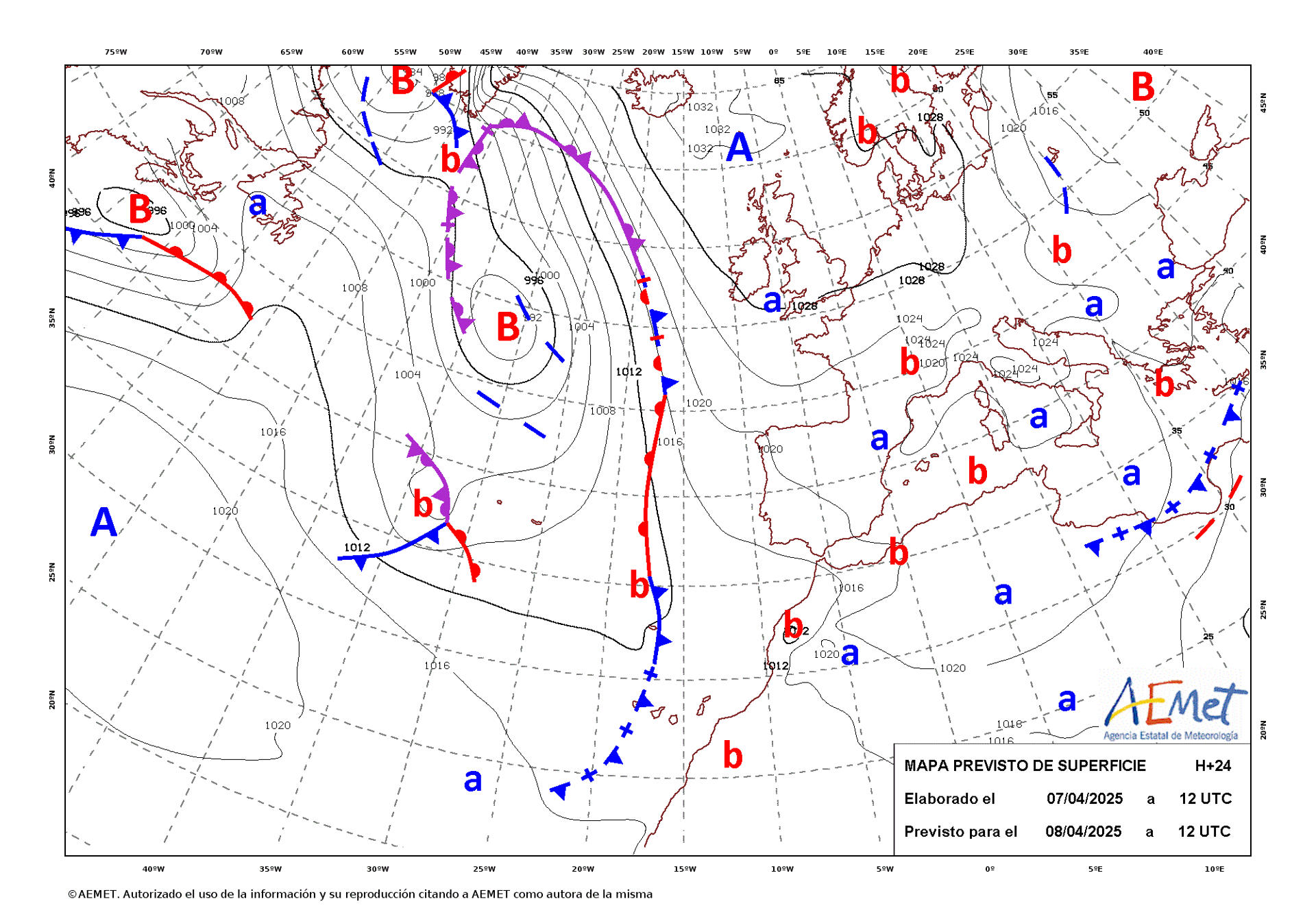 Mapa de isobaras facilitado por la Aemet elaborado el 07/04/2025 previsto para el 08/04/2025. EFE/ AEMET ***SOLO USO EDITORIAL/SOLO DISPONIBLE PARA ILUSTRAR LA NOTICIA QUE ACOMPAÑA (CRÉDITO OBLIGATORIO)***
