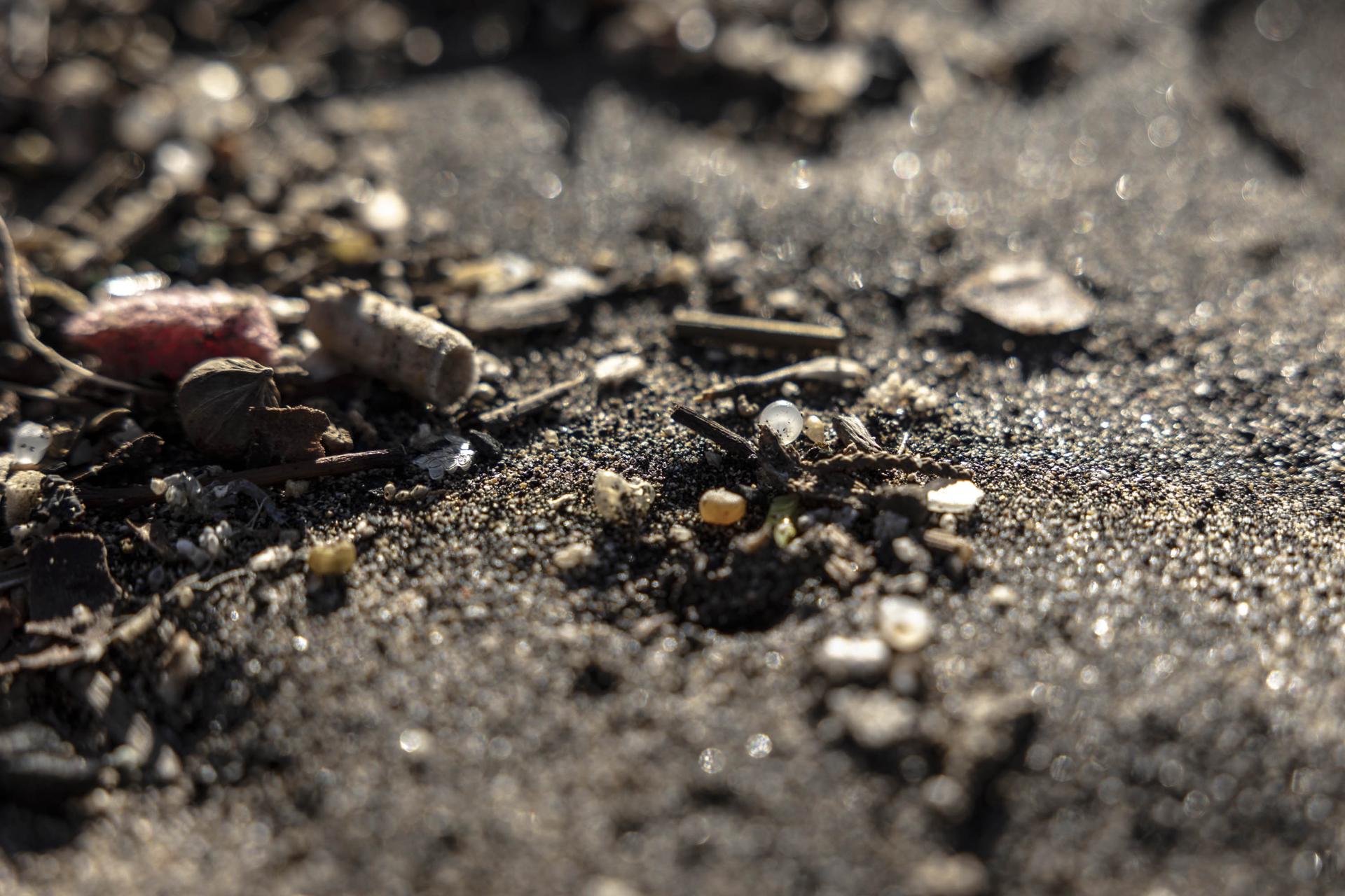 En la imagen de archivo, pélets junto a otras partículas de plástico y residuos arrastrados por la marea a una playa. EFE/Miguel Barreto