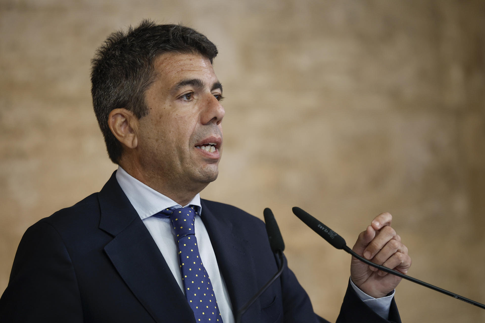 El presidente de la Generalitat Valenciana, Carlos Mazón, realiza unas declaraciones tras la reunión mantenida este lunes con el consejero delegado de PowerCo, Andreas Rottmann, para analizar la evolución del proyecto de la gigafactoría de baterías de Sagunto del grupo Volkswagen. EFE/Biel Aliño