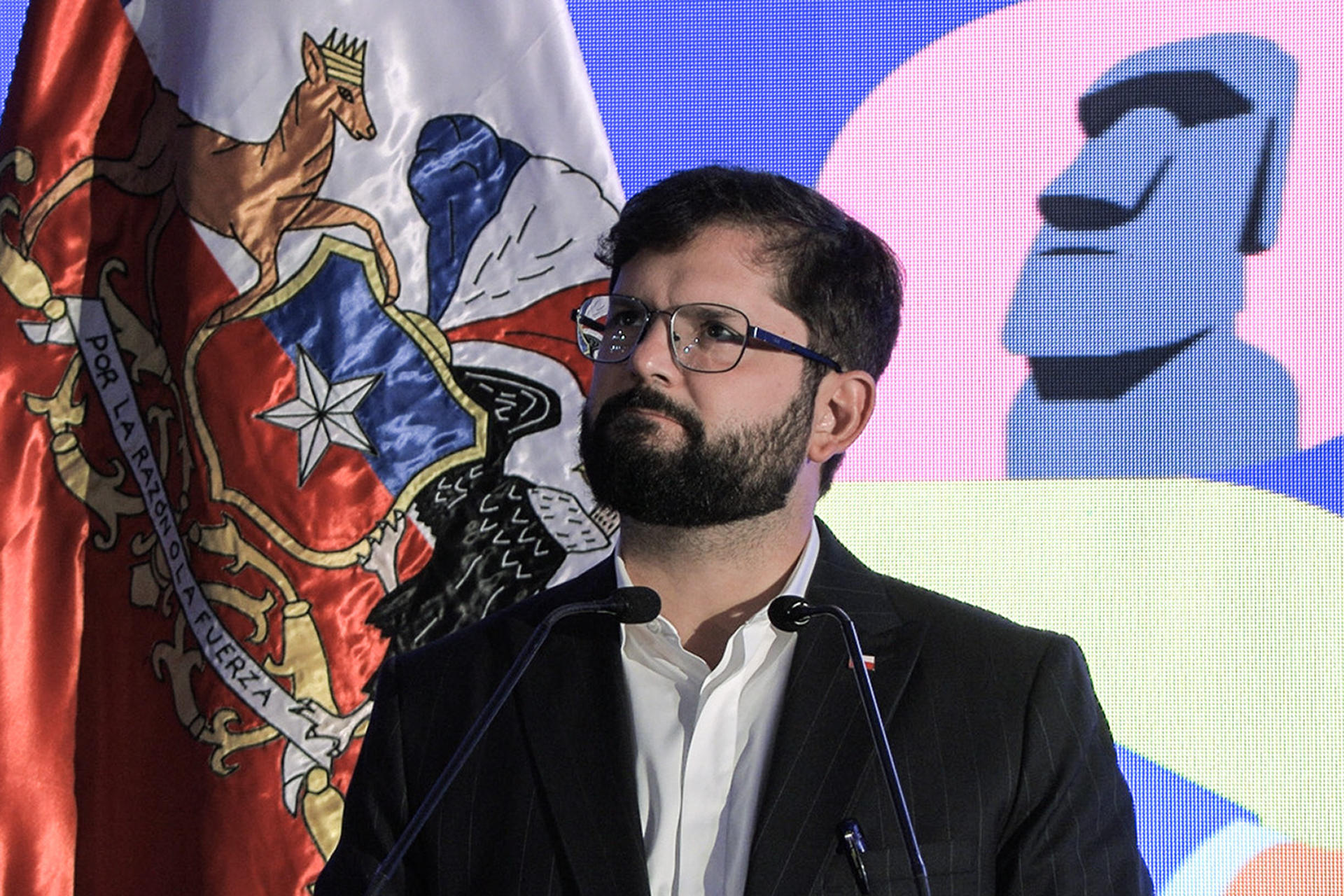 Captura de vídeo que muestra al presidente de Chile, Gabriel Boric, durante el Foro India-Chile celebrado, este miércoles, en Nueva Delhi. EFE/ Lucía Goñi