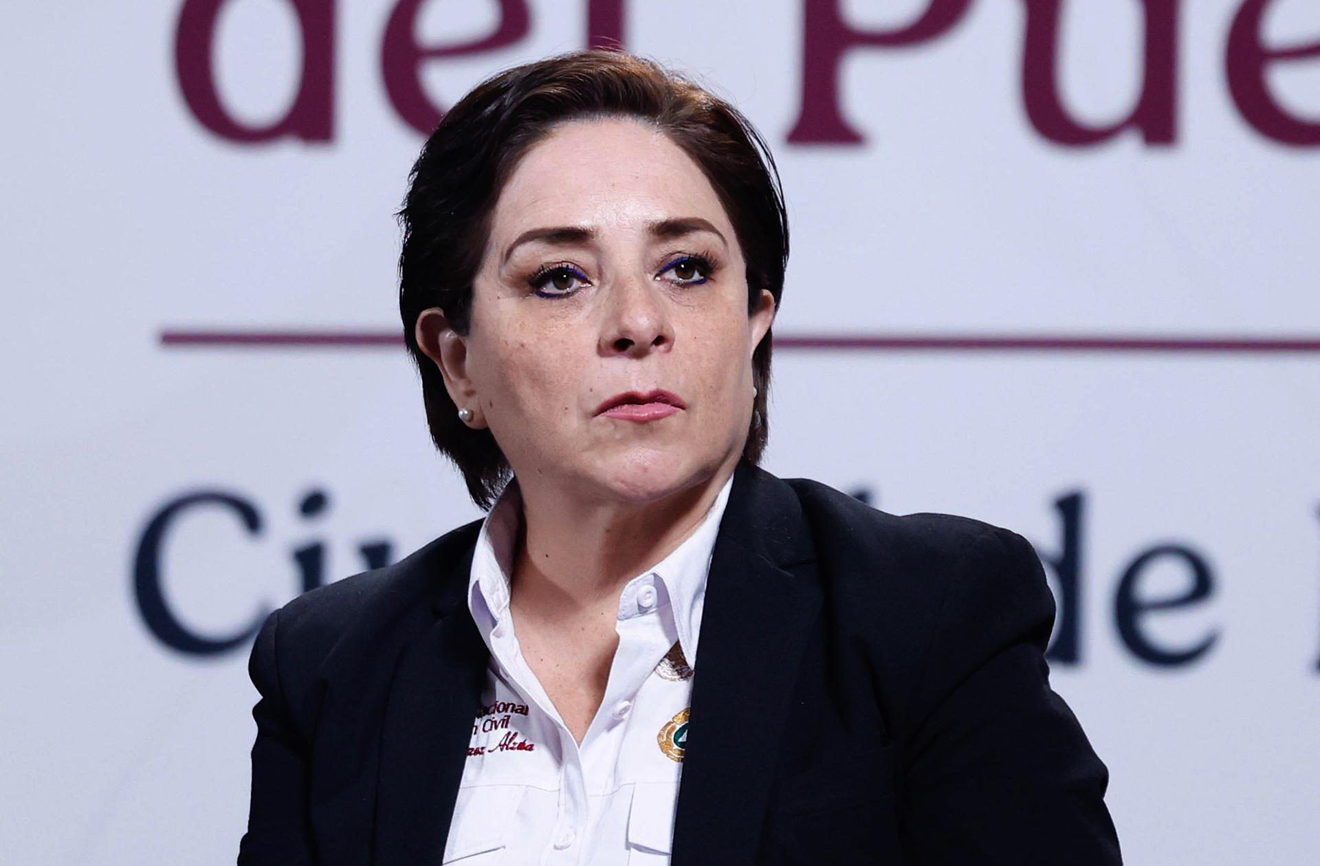 La titular de la Coordinación Nacional de Protección Civil (CNPC), Laura Velázquez, habla durante una rueda de prensa este lunes, en el Palacio Nacional de Ciudad de México (México). EFE/ Sashenka Gutiérrez