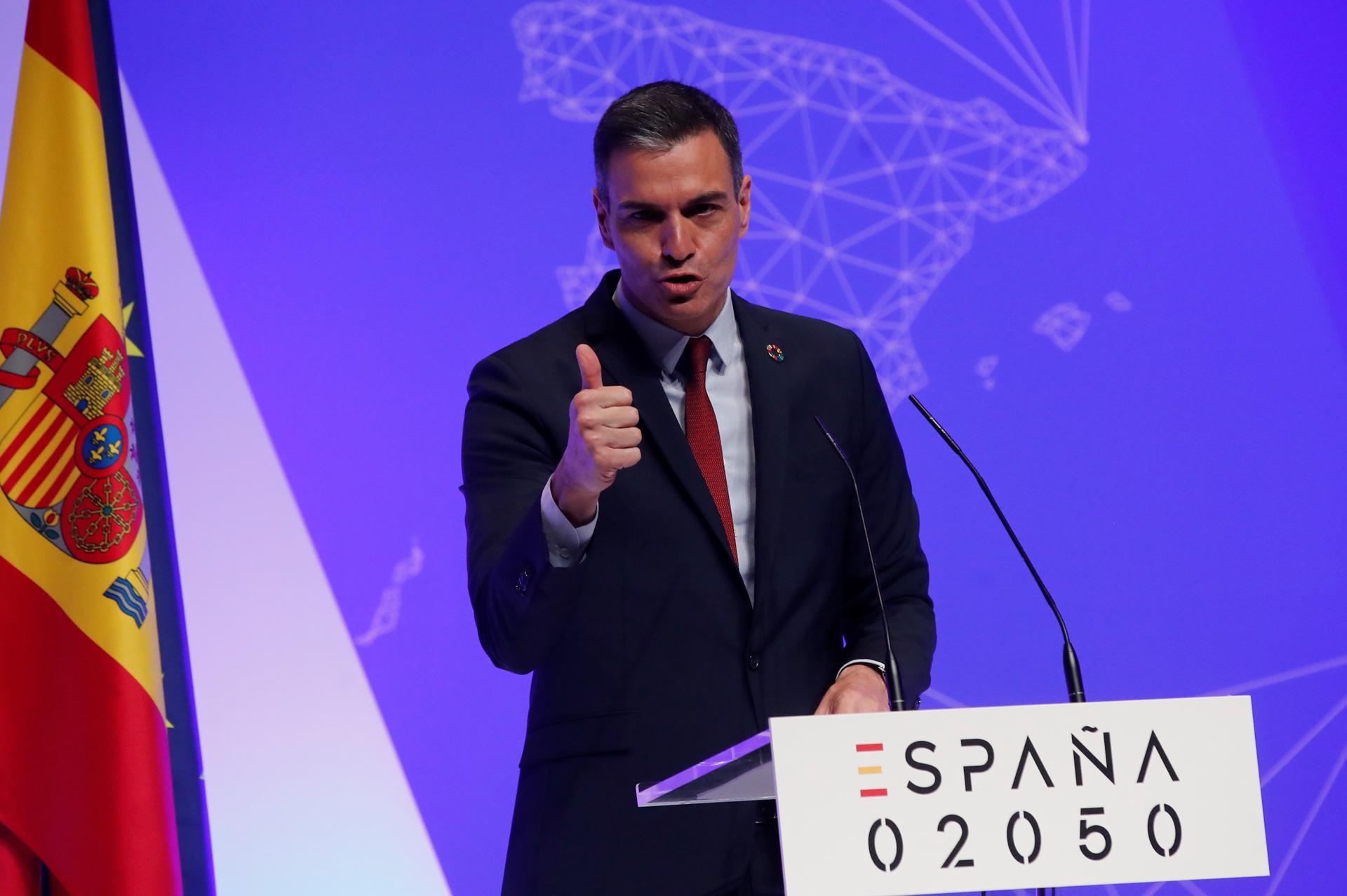 Imagen de archivo (20/05/202) del presidente del Gobierno, Pedro Sánchez, durante la presentación del proyecto España 2050.
EFE/ Juan Carlos Hidalgo