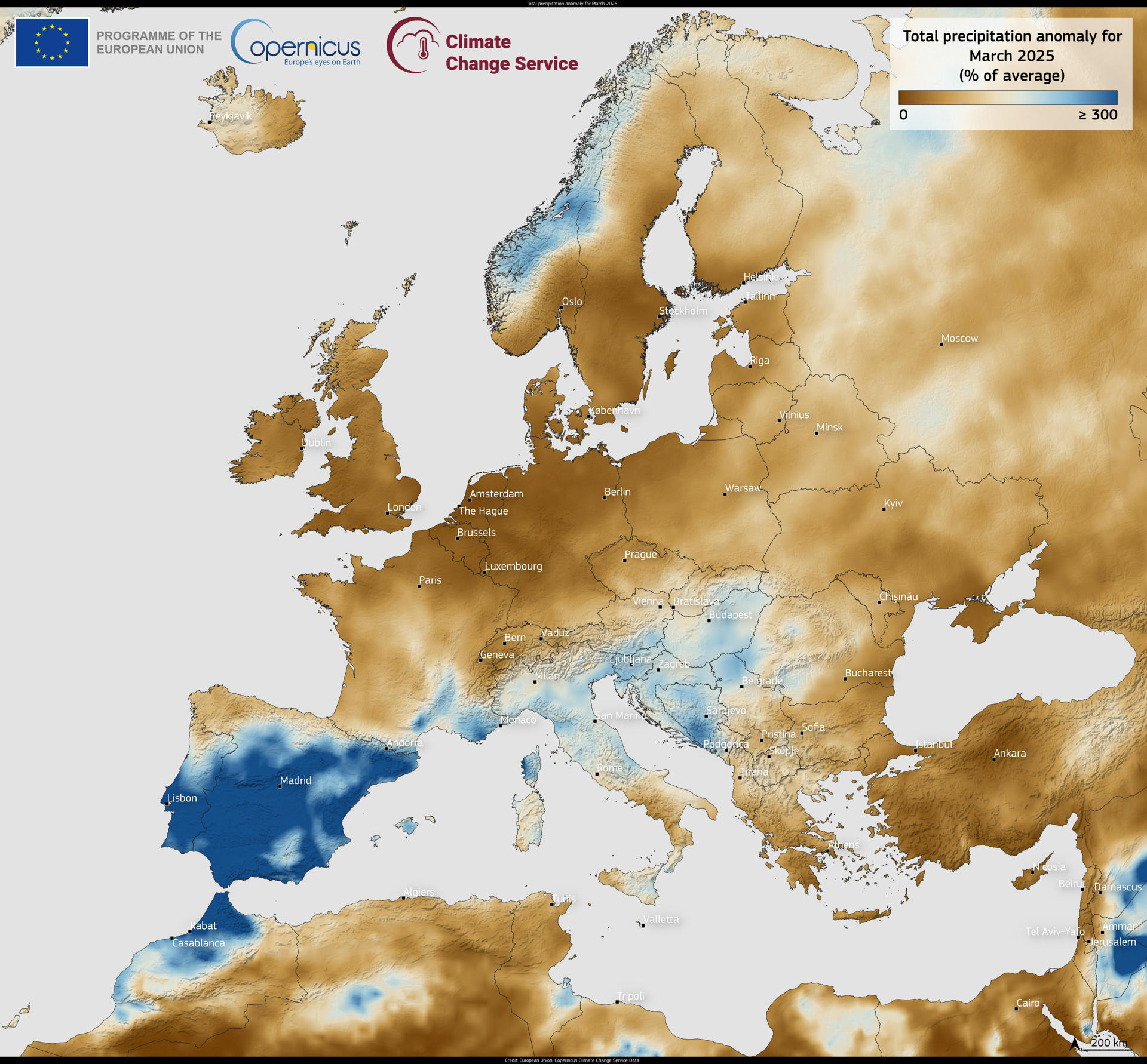 Anomalía de precipitación en Europa durante el mes de marzo de 2025. El Servicio de Cambio Climático de Copernicus (C3S) ha publicado su último boletín climático para marzo de 2025. Esta visualización de datos, basada en datos del C3S, muestra la precipitación total. EFE/Unión Europea/SOLO USO EDITORIAL/SOLO DISPONIBLE PARA ILUSTRAR LA NOTICIA QUE ACOMPAÑA (CRÉDITO OBLIGATORIO)