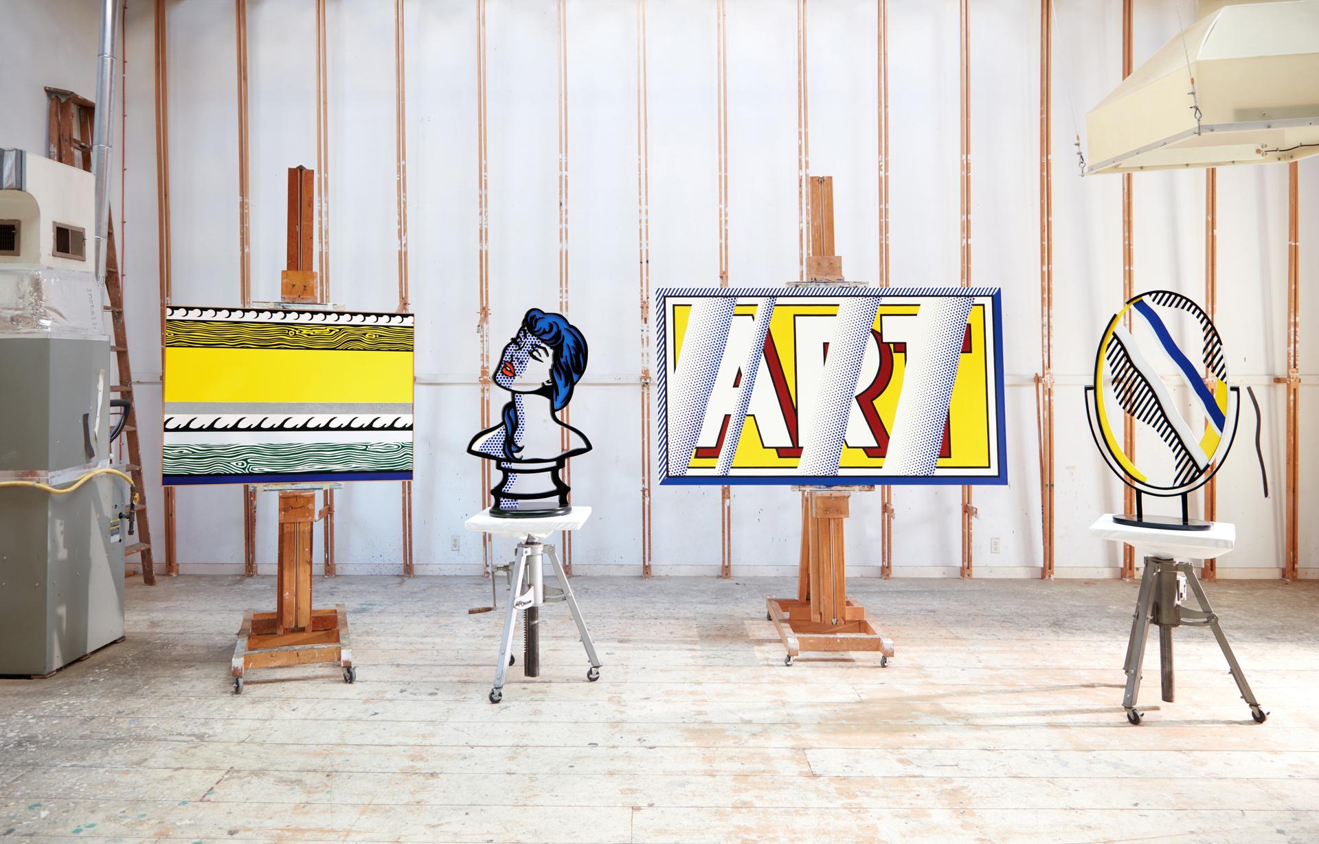 Fotografía cedida por Sotheby's donde se muestran las obras del estadounidense Roy Lichtenstein, 'Entablamento' (1975) (i), 'Mujer: Luz de sol, luz de luna' (1996) (2-i), 'Reflejos: Arte' (1988) (2-d), y 'Espejo I' (1976), desplegados en su estudio de Southampton en Nueva York. EFE/Sotheby's