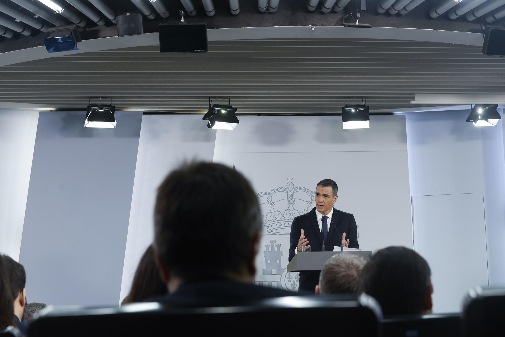 El presidente del Gobierno, Pedro Sánchez, durante su comparecencia tras el Consejo de Ministros de este martes. EFE/Javier Lizón