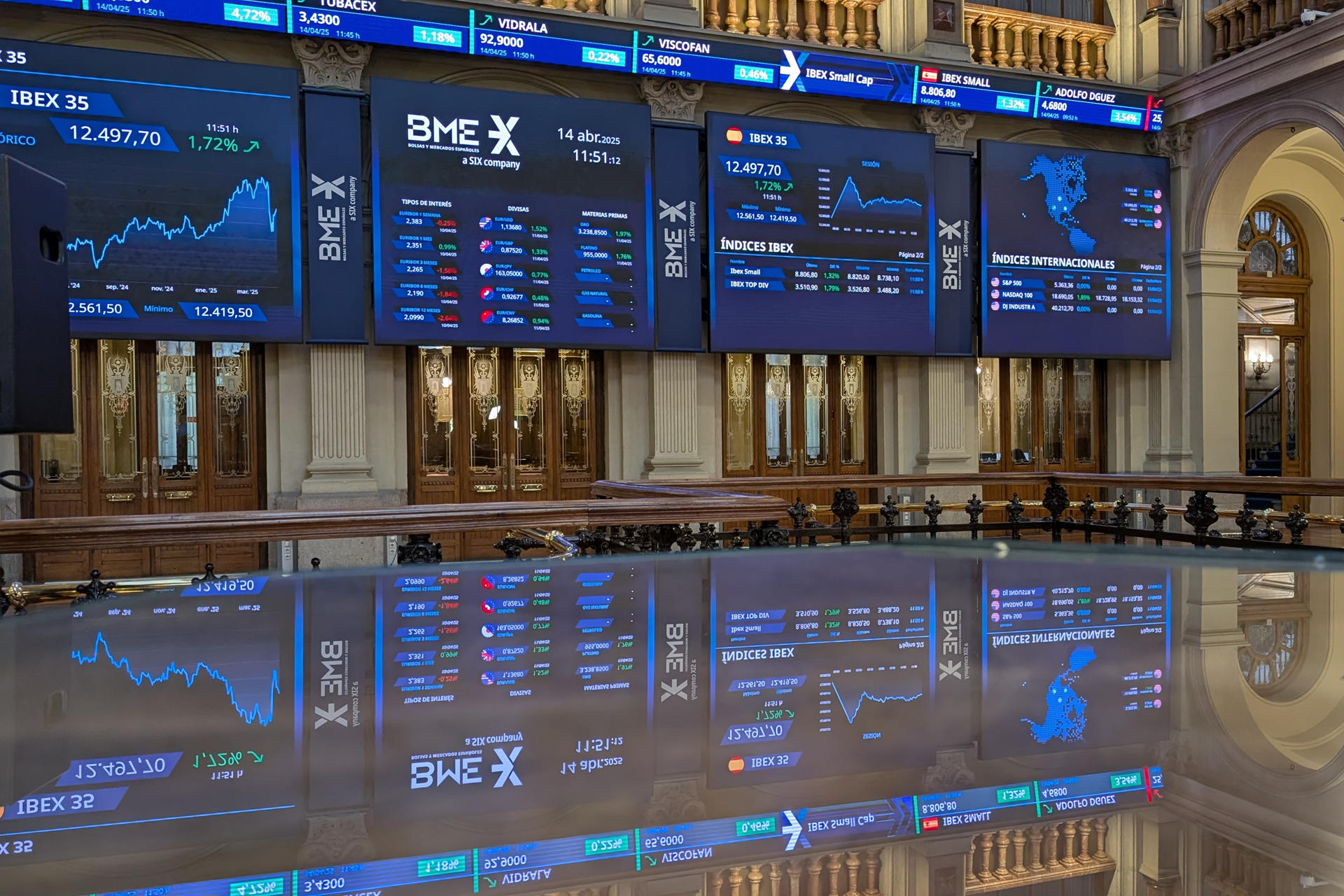 Imagen de este lunes de la Bolsa de Madrid, que cierra al alza del 2,64 % y supera los 12.600 puntos, hasta situarse en los 12.609,8 enteros. EFE/ Vega Alonso