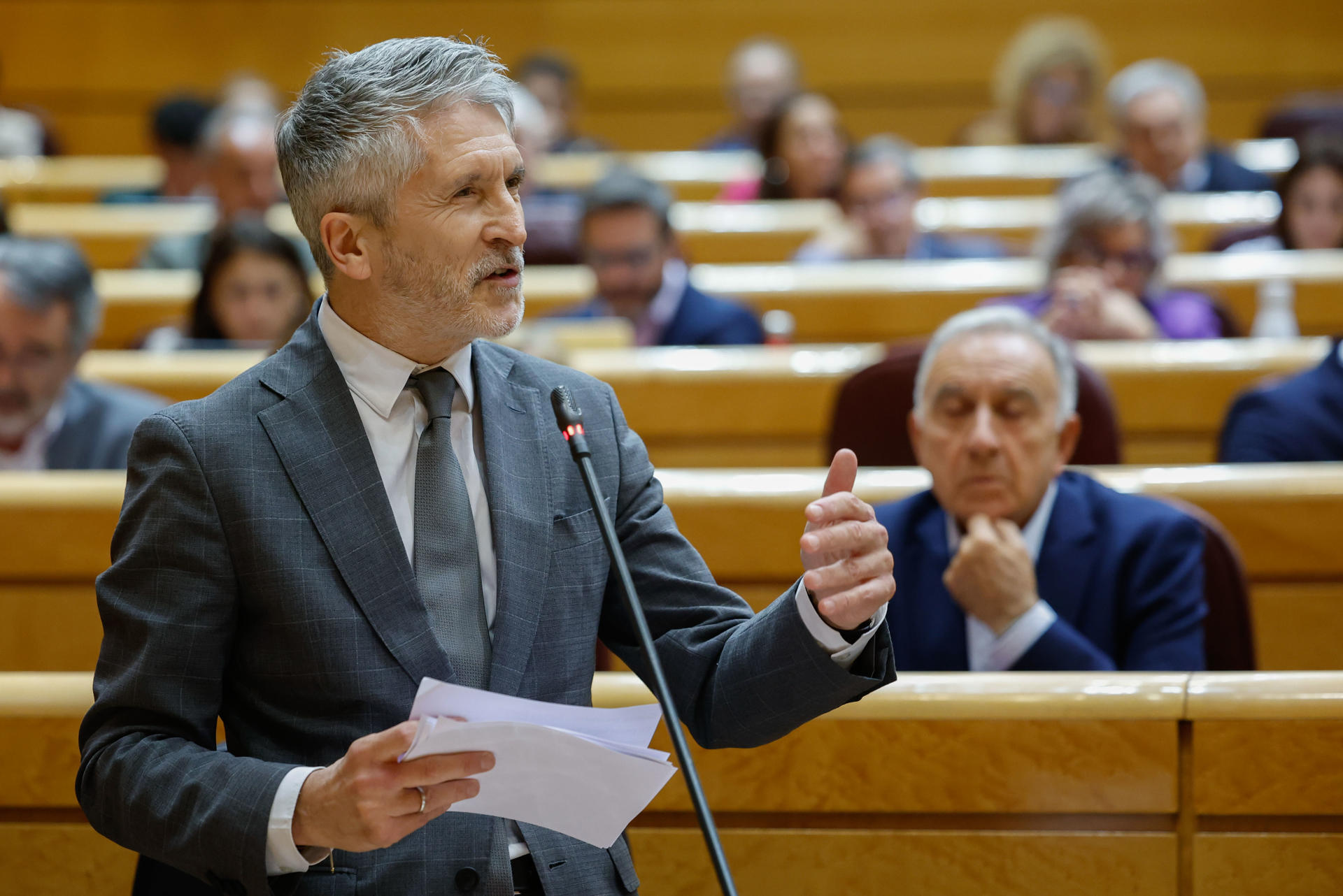 El ministro del Interior, Fernando Grande Marlaska, interviene durante la sesión de control al Gobierno celebrada por el pleno del Senado este martes. EFE/ Mariscal