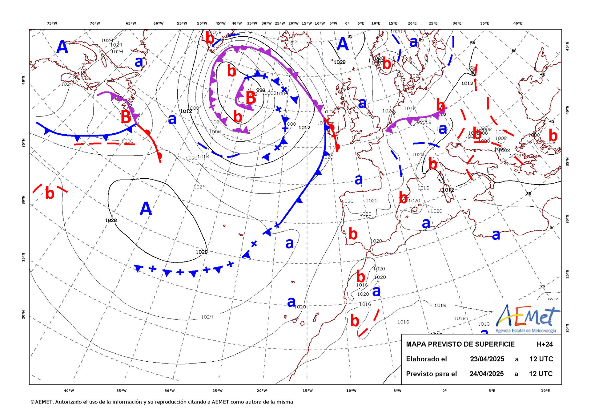 Mapa de isobaras facilitado por la Aemet previsto para el 24/04/2025. EFE/Aemet - ***SOLO USO EDITORIAL/SOLO DISPONIBLE PARA ILUSTRAR LA NOTICIA QUE ACOMPAÑA (CRÉDITO OBLIGATORIO)***