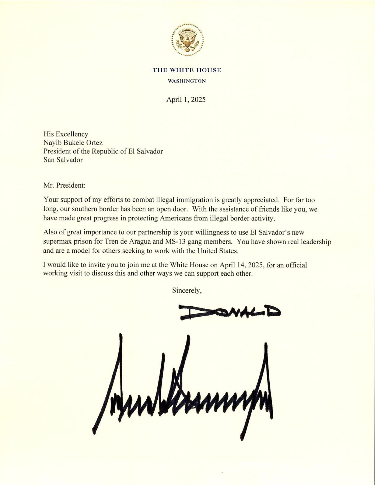 Imagen tomada de una publicación en la cuenta oficial de la red social X del presidente de El Salvador, Nayib Bukele, que muestra una carta enviada por su homólogo de Estados Unidos, Donald Trump, invitándolo a la Casa Blanca el próximo 14 de abril. EFE/ @nayibbukele