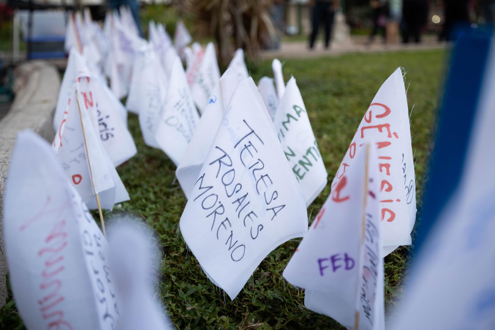 Fotografía de archivo en la que se observa un grupo de banderines con nombres de mujeres victimas de feminicidio en Caracas (Venezuela). EFE/Rayner Peña