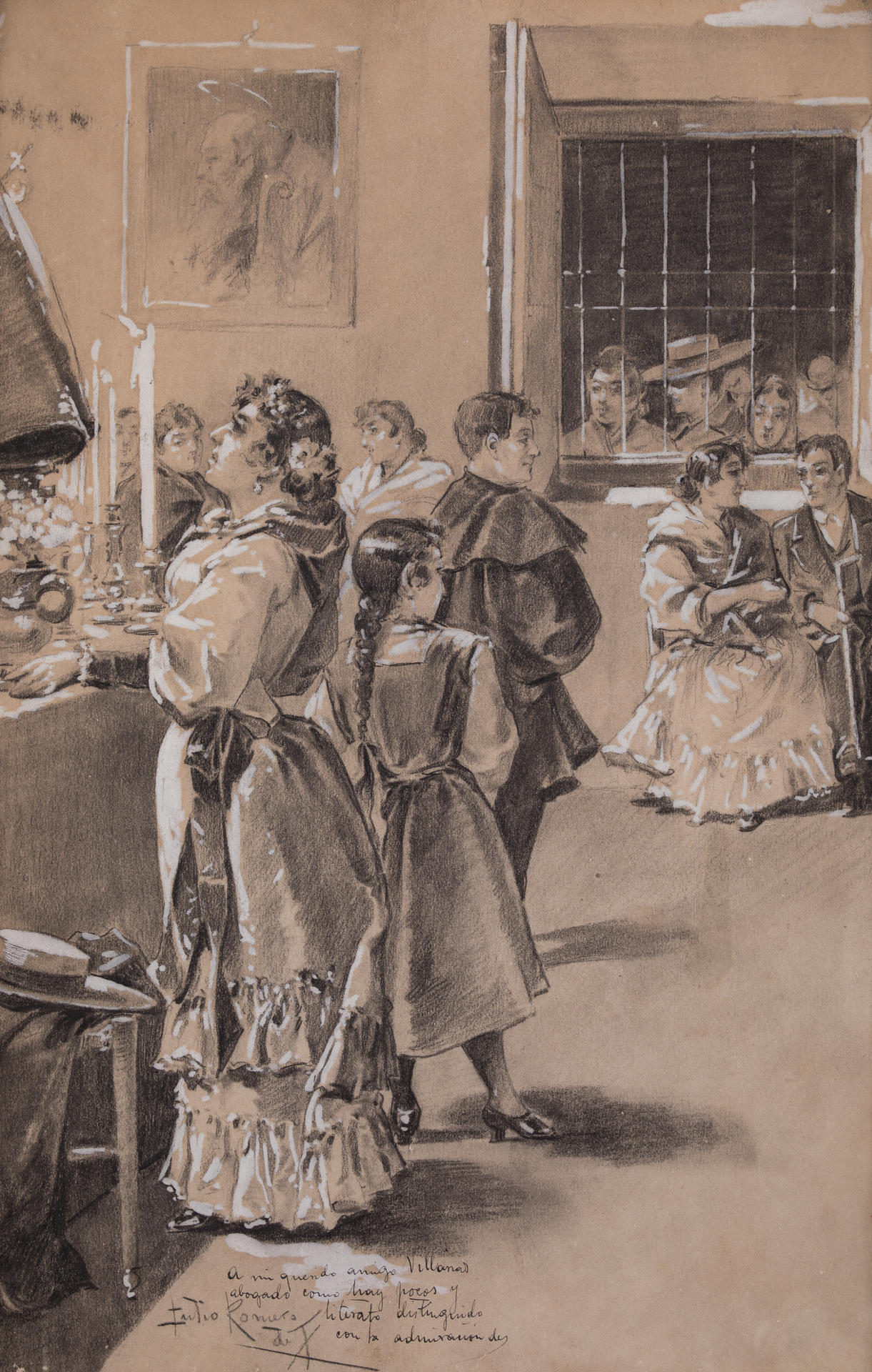 Dibujo inédito a grafito y albayalde sobre papel, dedicado y firmado por Julio Romero de Torres entre 1894 y 1895, titulado 'Interior de capilla con personajes populares', que sale a subasta en la casa Ansorena, de Madrid, y que la especialista en la obra del pintor cordobés Mercedes Valverde afirma que son unos apuntes de la obra que llevó a la fama al artista, 'Mira qué bonita era'.EFE/ Ansorena.//SOLO USO EDITORIAL/SOLO DISPONIBLE PARA ILUSTRAR LA NOTICIA QUE ACOMPAÑA (CRÉDITO OBLIGATORIO)//