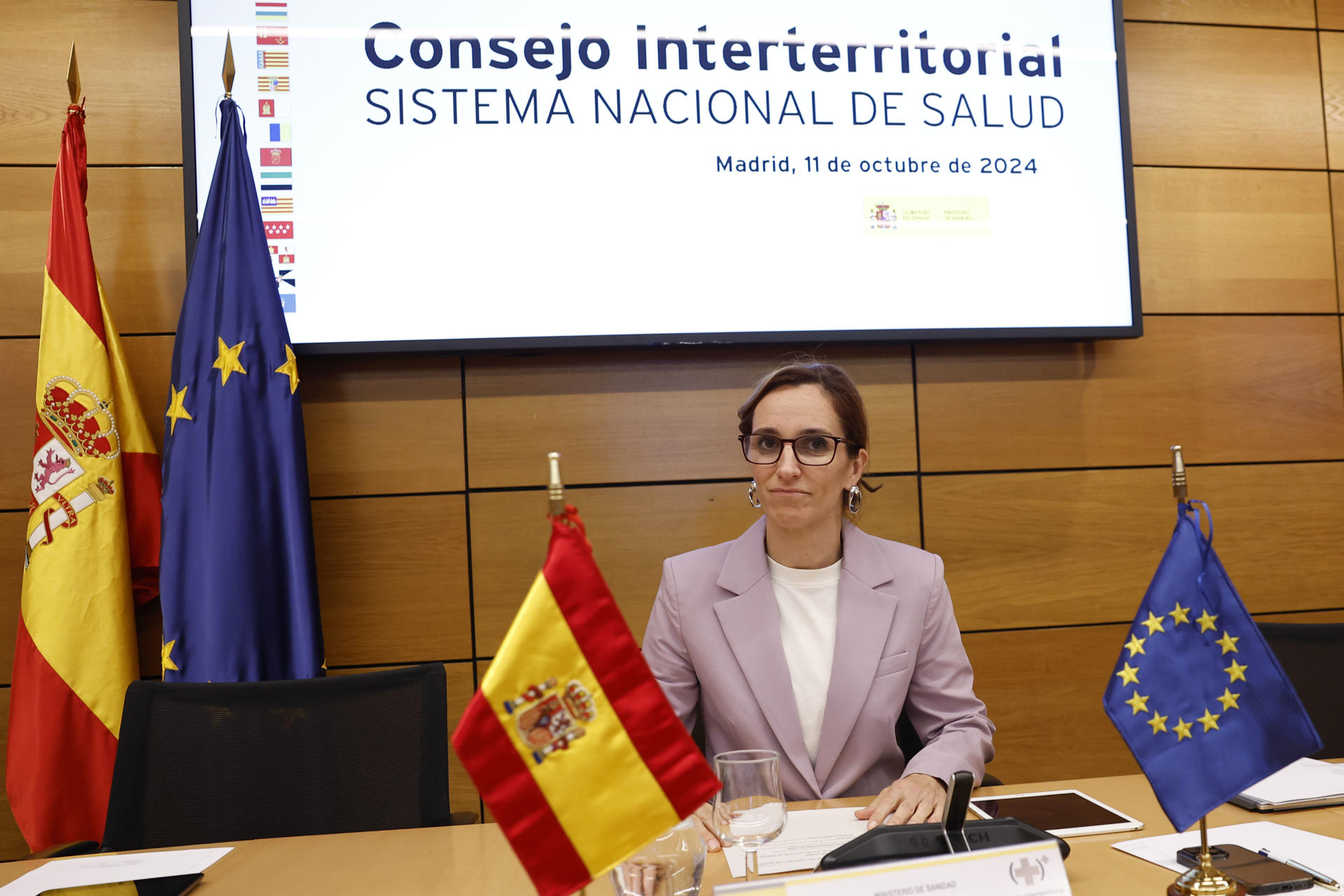 Imagen de archivo (11/10/2024) de la ministra de Sanidad, Mónica García durante un Consejo Interterritorial del Sistema Nacional de Salud (SNS).
EFE/Chema Moya
