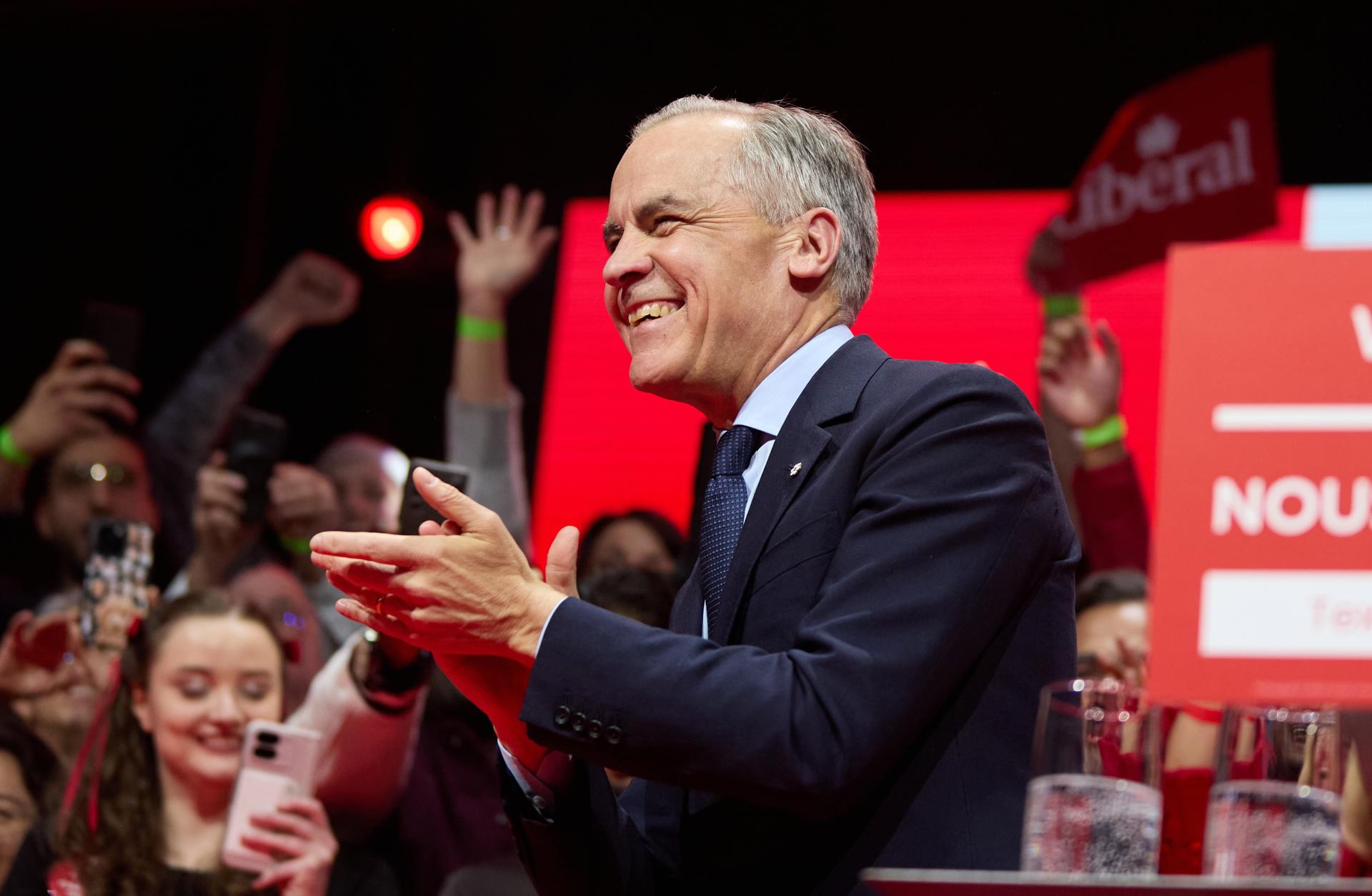 El primer ministro canadiense, el liberal Mark Carney, celebra su victoria en las elecciones, en Ottawa, Canadá, el 28 de abril de 2025. EFE/EPA/ERIC REID