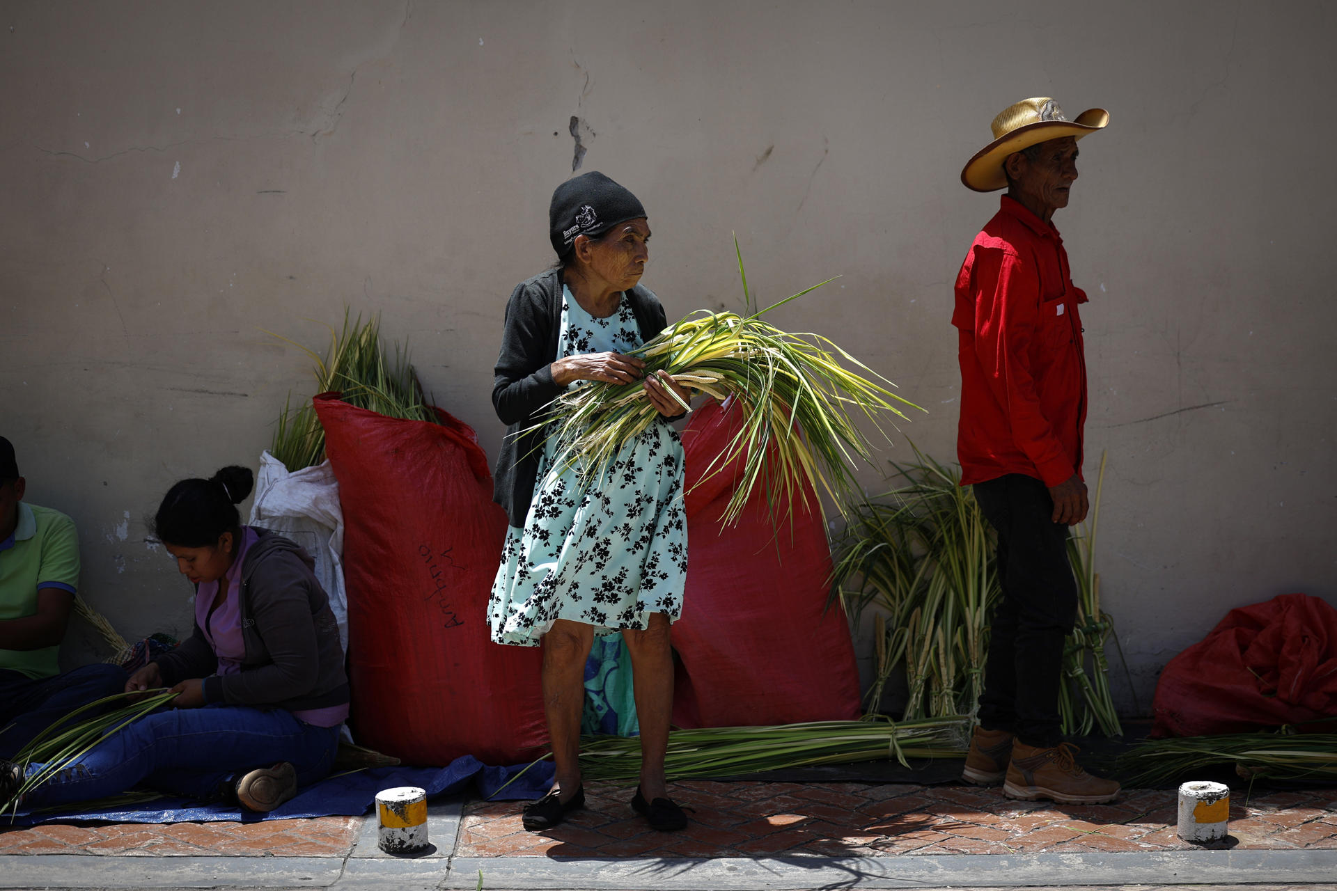 Campesinos venden ramos de palma en la víspera del Domingo de Ramos, que marca el inicio de la Semana Santa este viernes, en la entrada de la Catedral de la Inmaculada Concepción en Comayagüa (Honduras). EFE/ Bienvenido Velasco