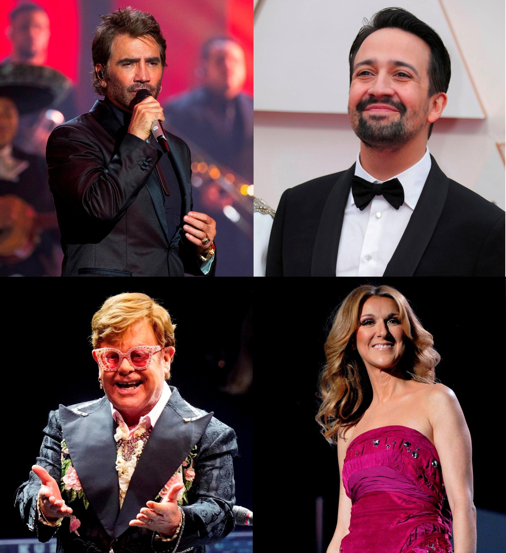 Composición de cuatro fotografías de archivo donde aparecen de izquierda a derecha y de arriba a abajo el cantante mexicano Alejandro Fernández, el puertorriqueño Lin-Manuel Miranda, el bitánico Elton John y la canadiense Celine Dion. EFE/ ARCHIVO