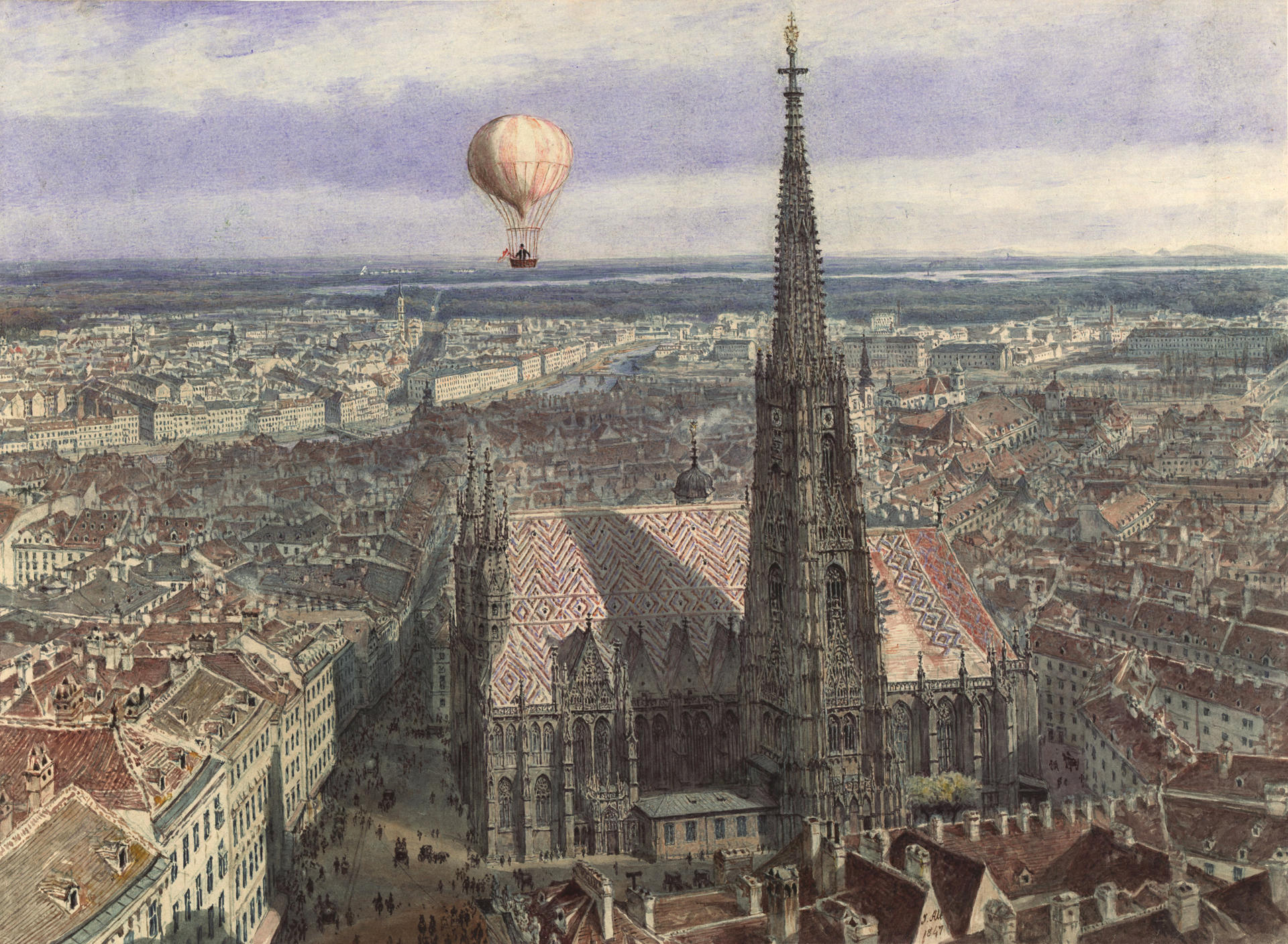 En la imagen, la obra 'Paseo en globo aerostático sobre Viena (Vista de Viena desde el Sudeste con un globo aerostático sobre la ciudad), 1847. EFE/ Museo Leopold *****SOLO USO EDITORIAL/SOLO DISPONIBLE PARA ILUSTRAR LA NOTICIA QUE ACOMPAÑA (CRÉDITO OBLIGATORIO) *****